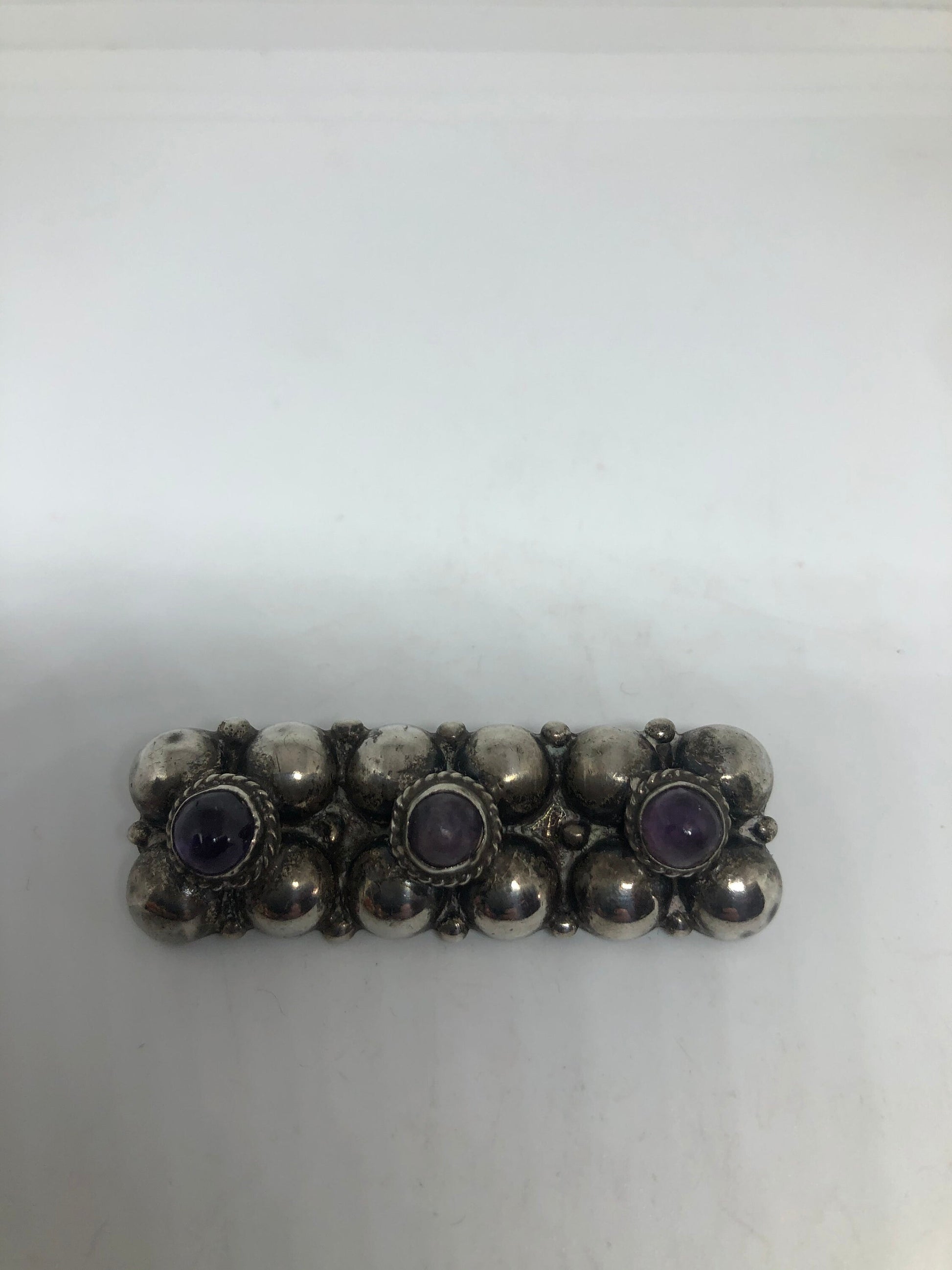 Vintage Purple Amethyst Hand Made Aztec 925 Sterling Silver Brooch Pin