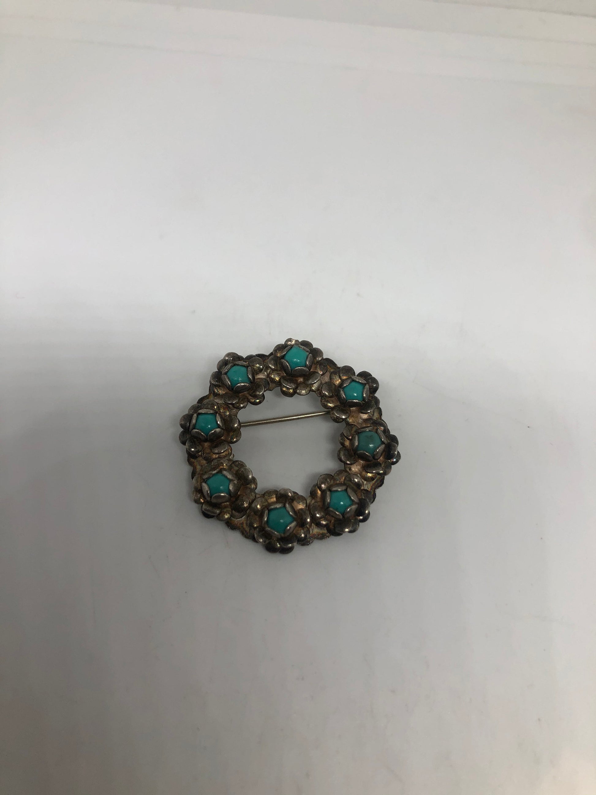 Vintage Turquoise Flower 925 Sterling Silver Brooch Pin