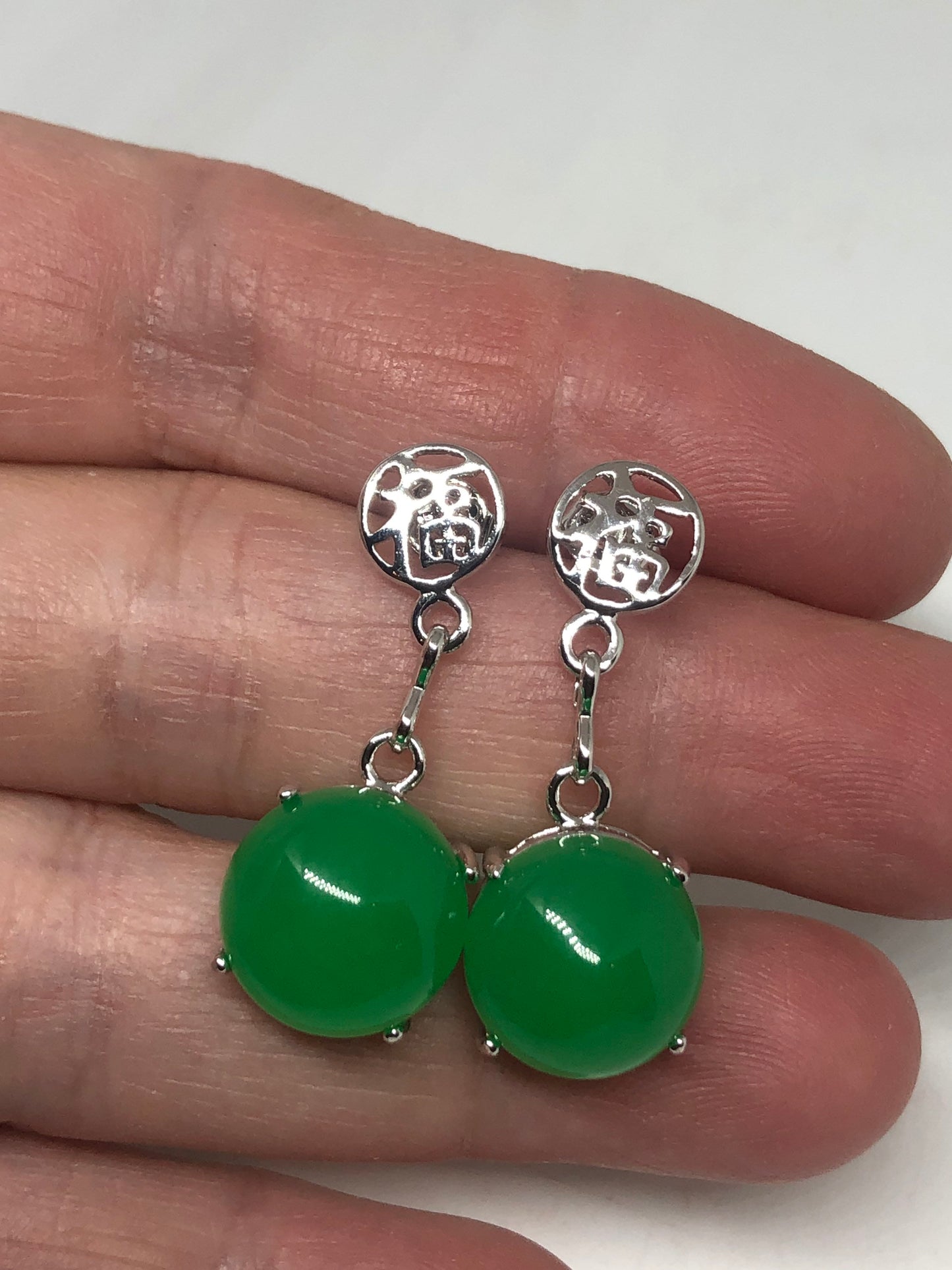 Vintage Green Fun Jade Gemstone Silver Bronze Earrings