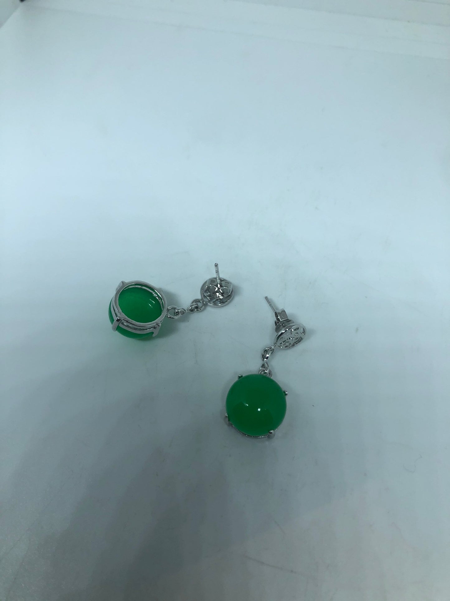 Vintage Green Fun Jade Gemstone Silver Bronze Earrings