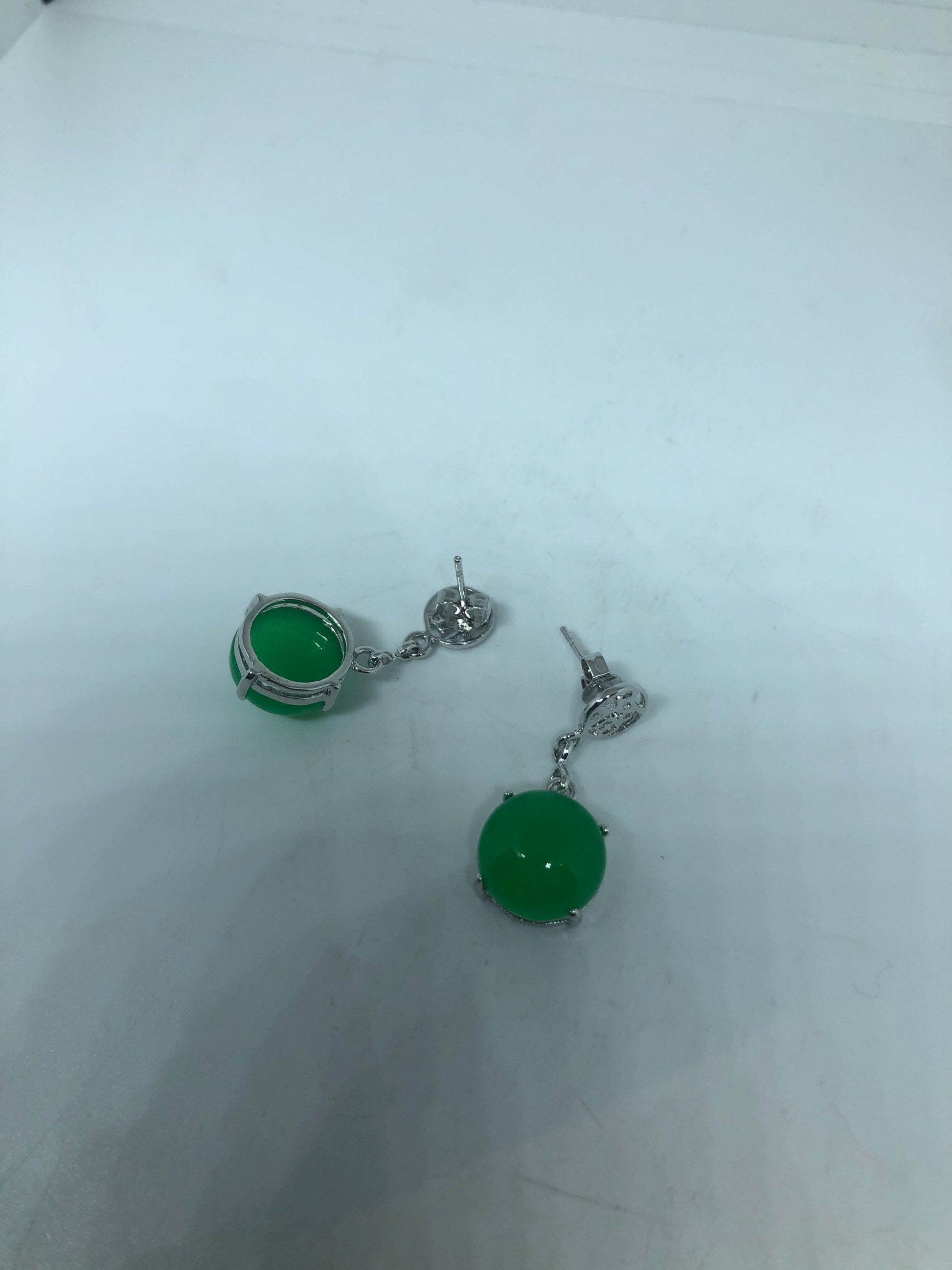 Vintage Green Fun Jade Gemstone Silver Bronze Earrings