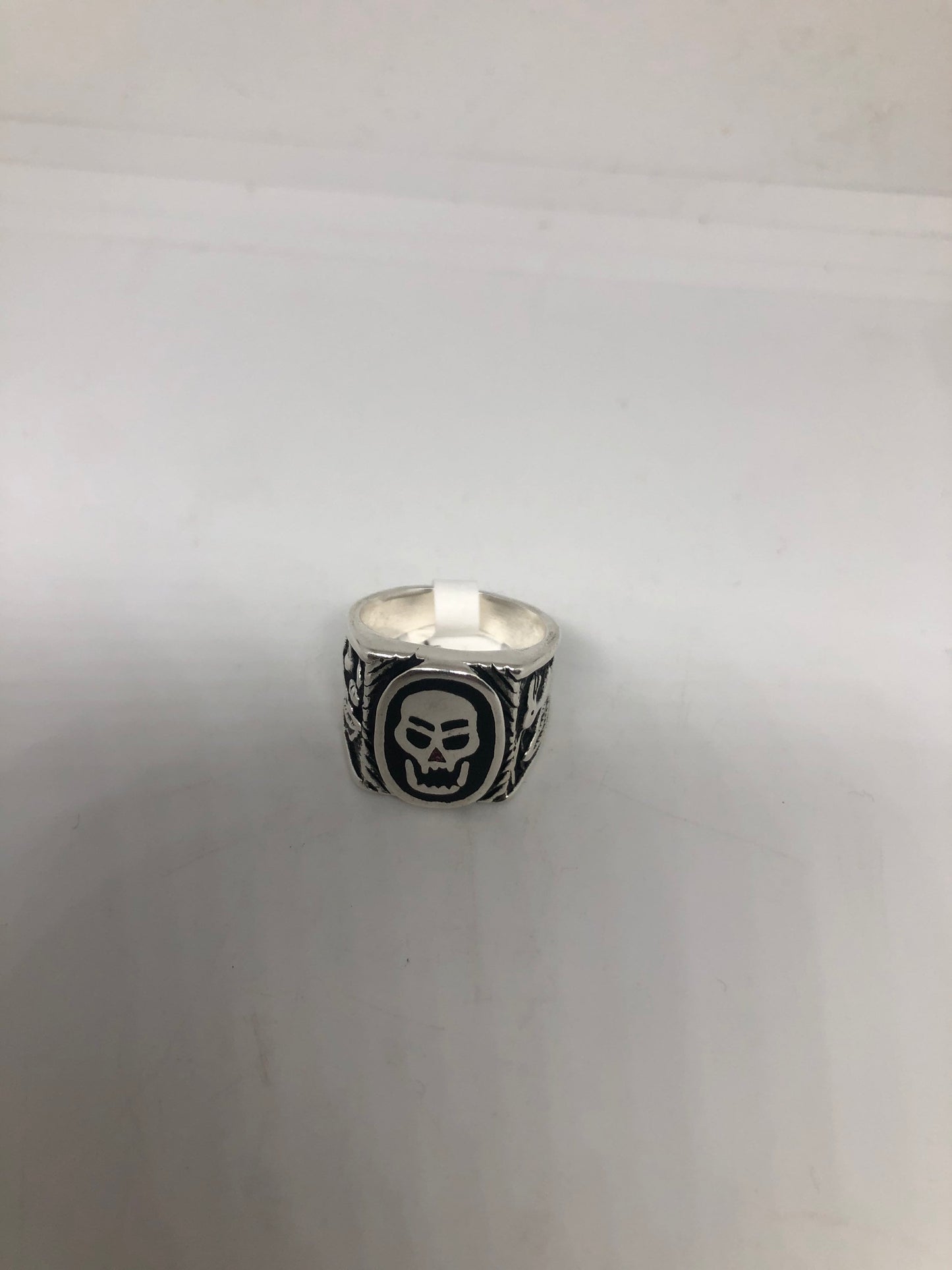 Vintage Southwestern Skull Ring in White Bronze with Black Stone Inlay