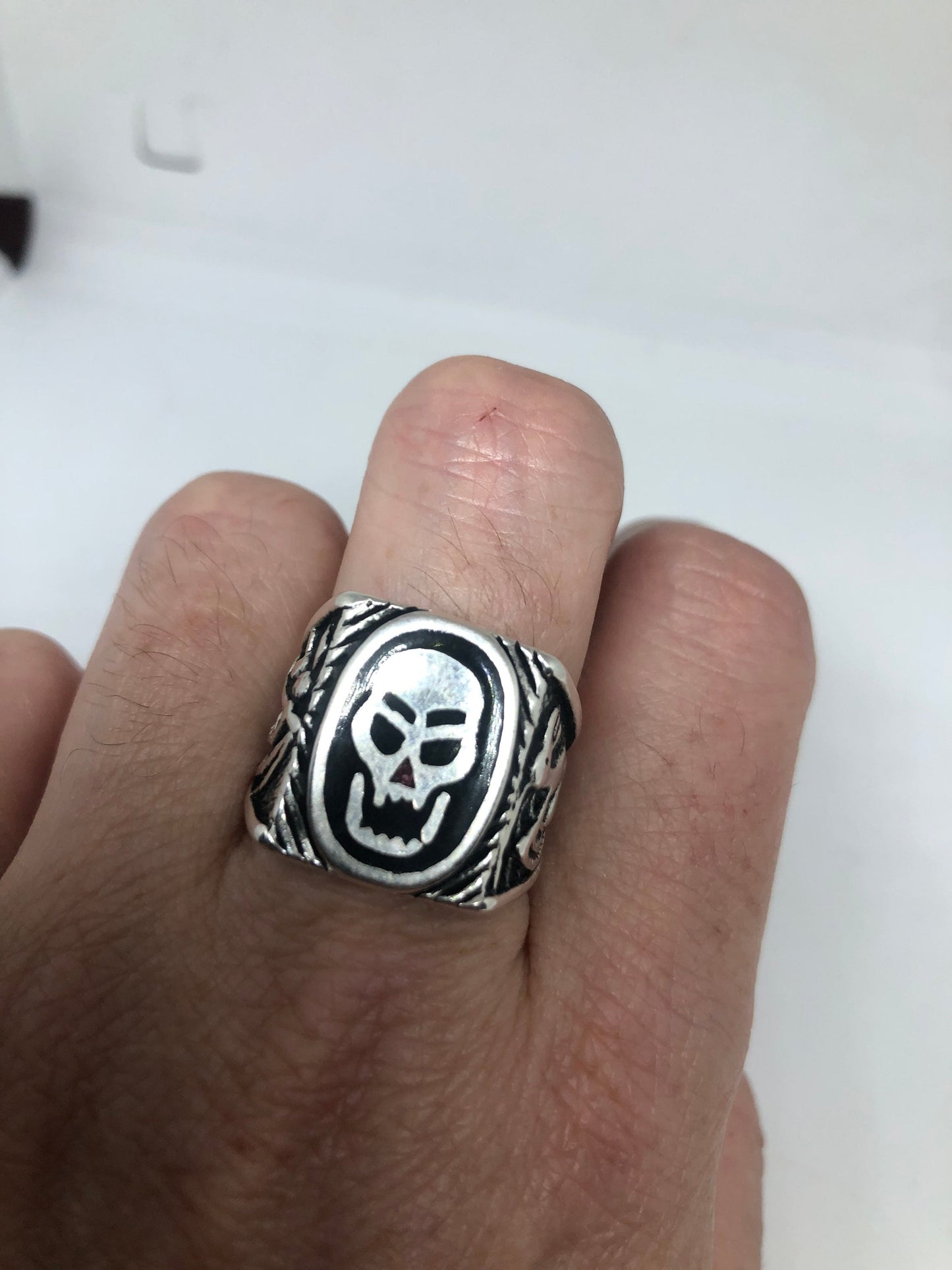 Vintage Southwestern Skull Ring in White Bronze with Black Stone Inlay
