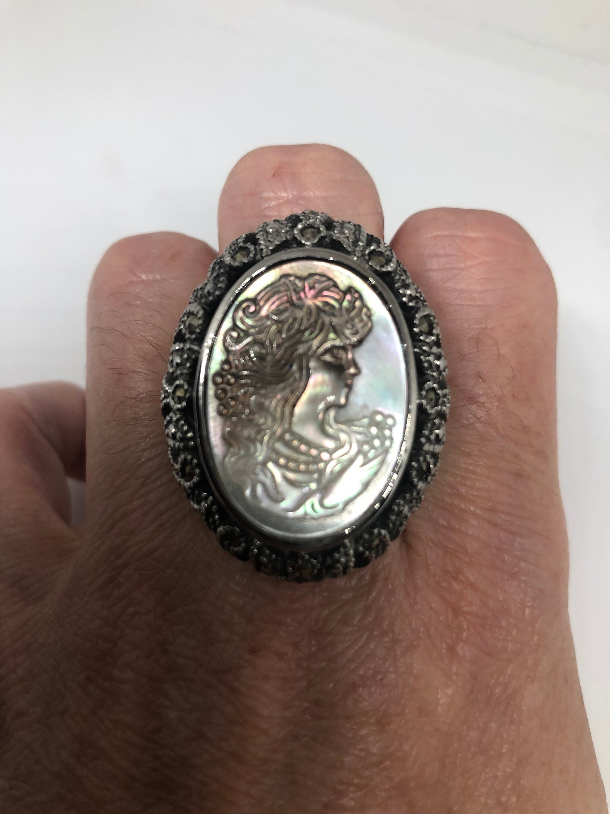 Antique White Mother of Pearl cameo Marcasite Filigree Ring