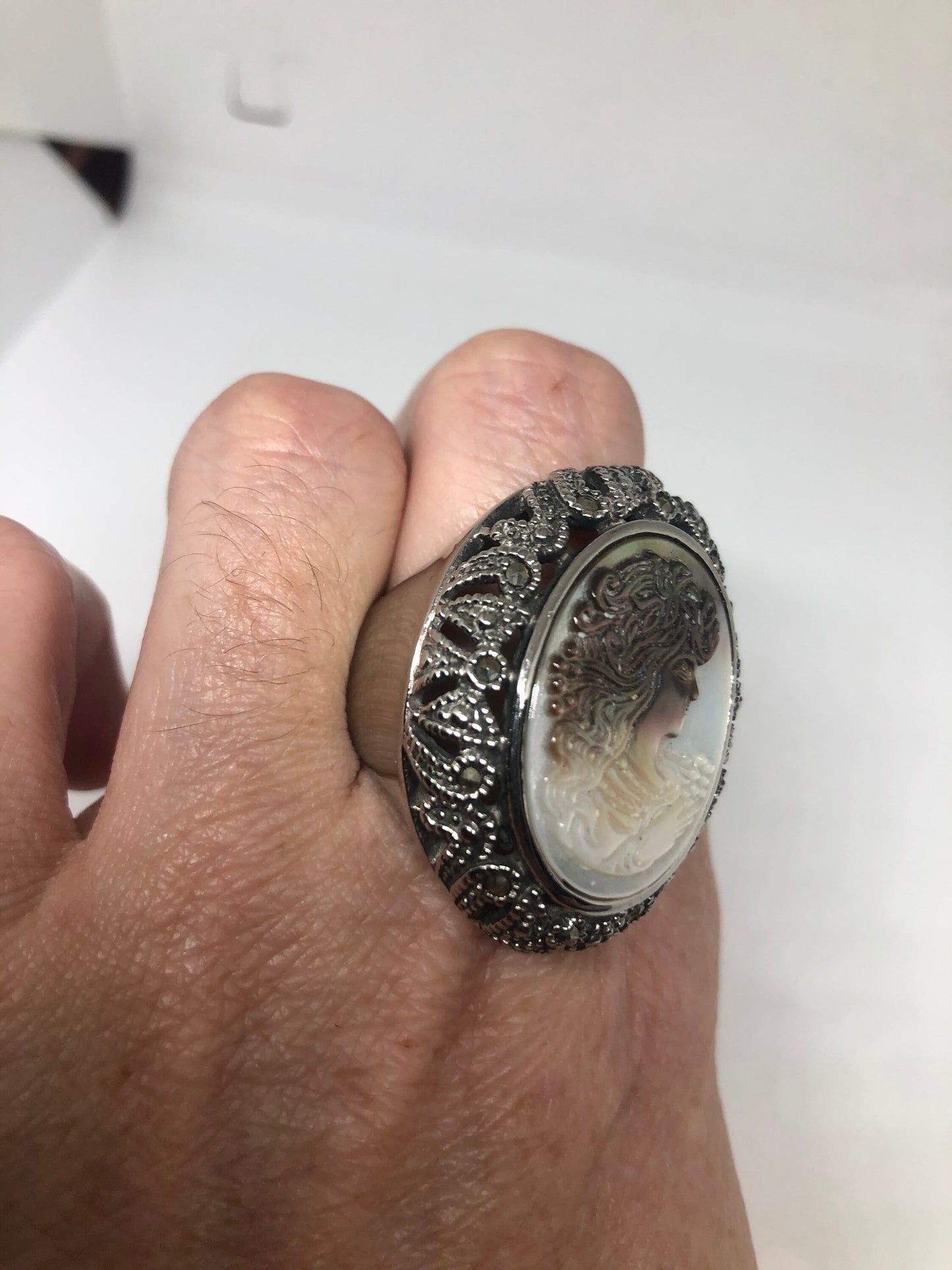 Antique White Mother of Pearl cameo Marcasite Filigree Ring