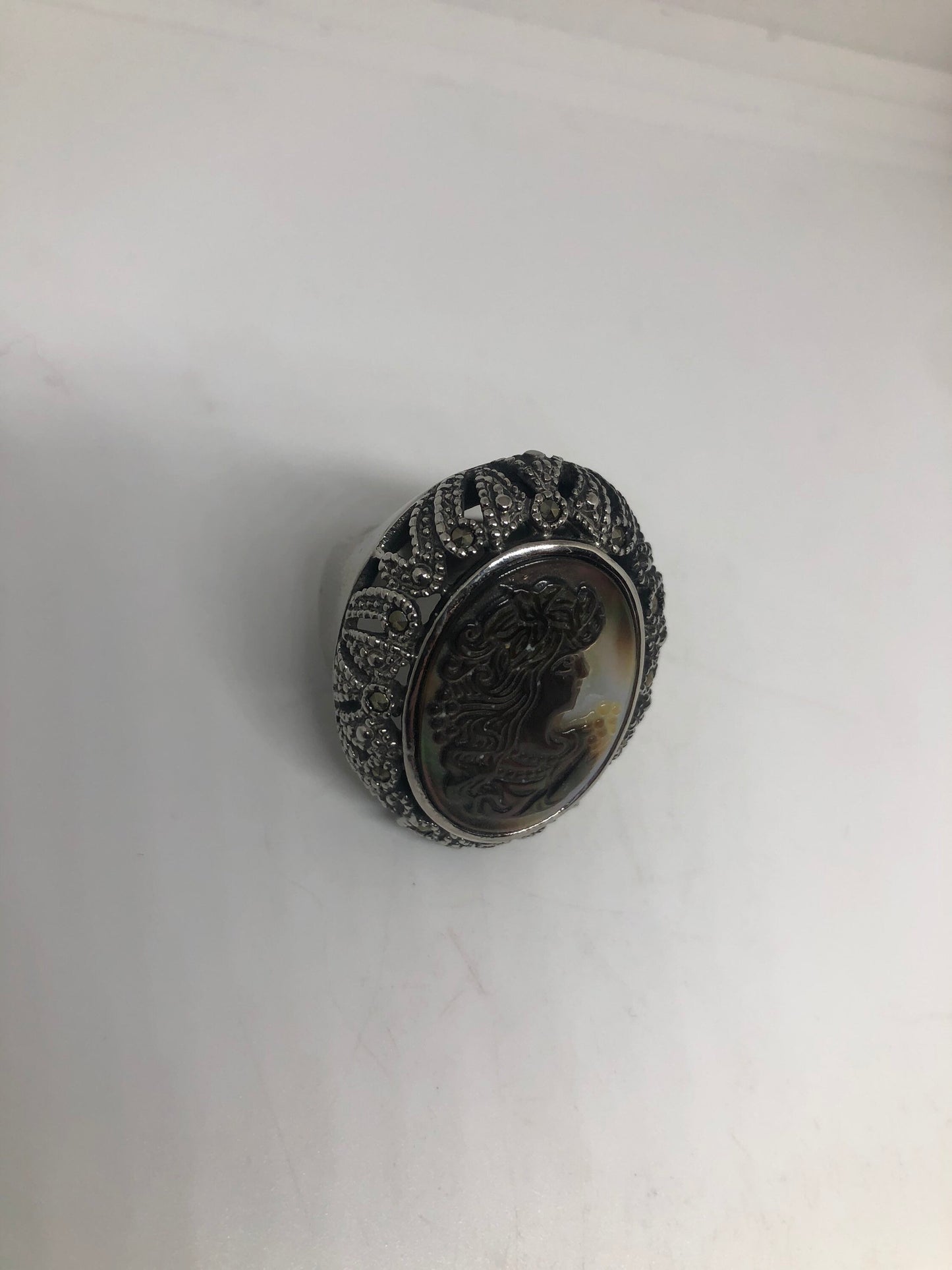 Antique White Mother of Pearl cameo Marcasite Filigree Ring