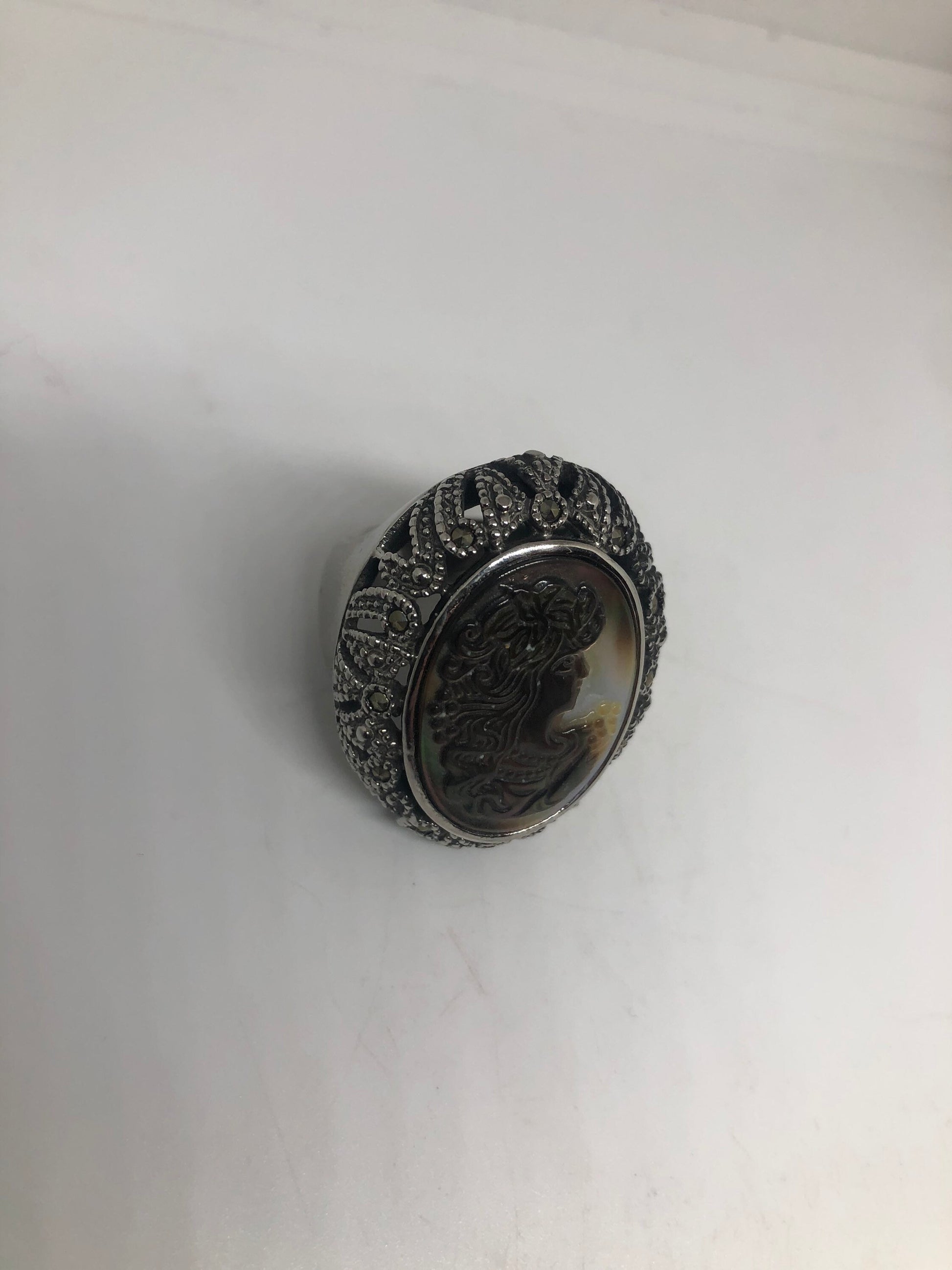 Antique White Mother of Pearl cameo Marcasite Filigree Ring