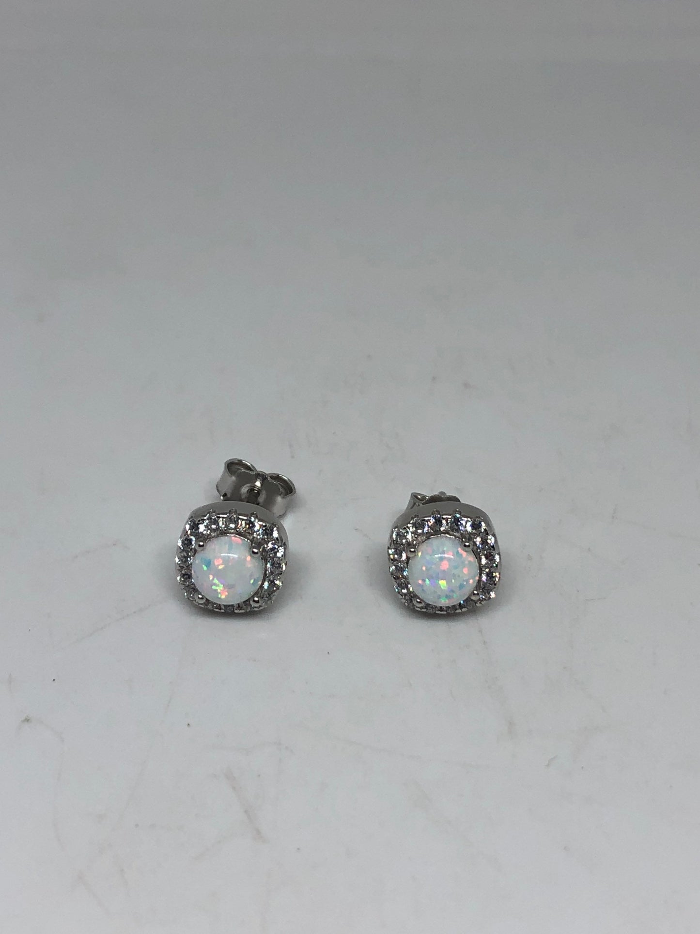 Vintage White Opal Earrings 925 Sterling Silver Stud Button