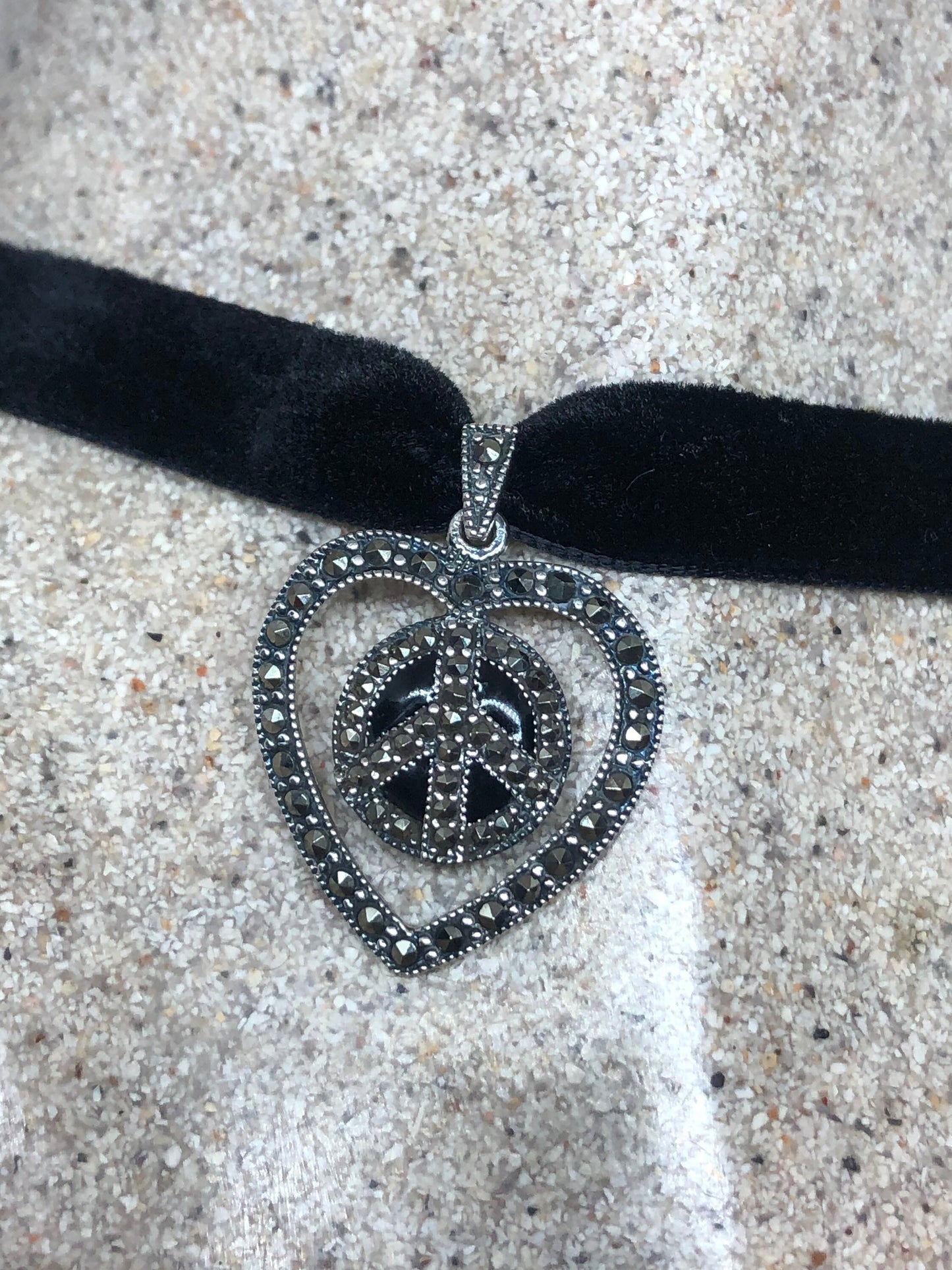 Vintage Peace Heart Sterling Silver Marcasite Black Onyx Pendant