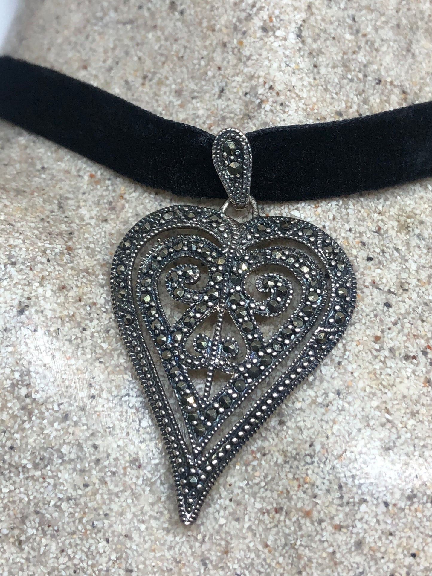 Vintage Heart Choker Sterling Silver Marcasite Pendant