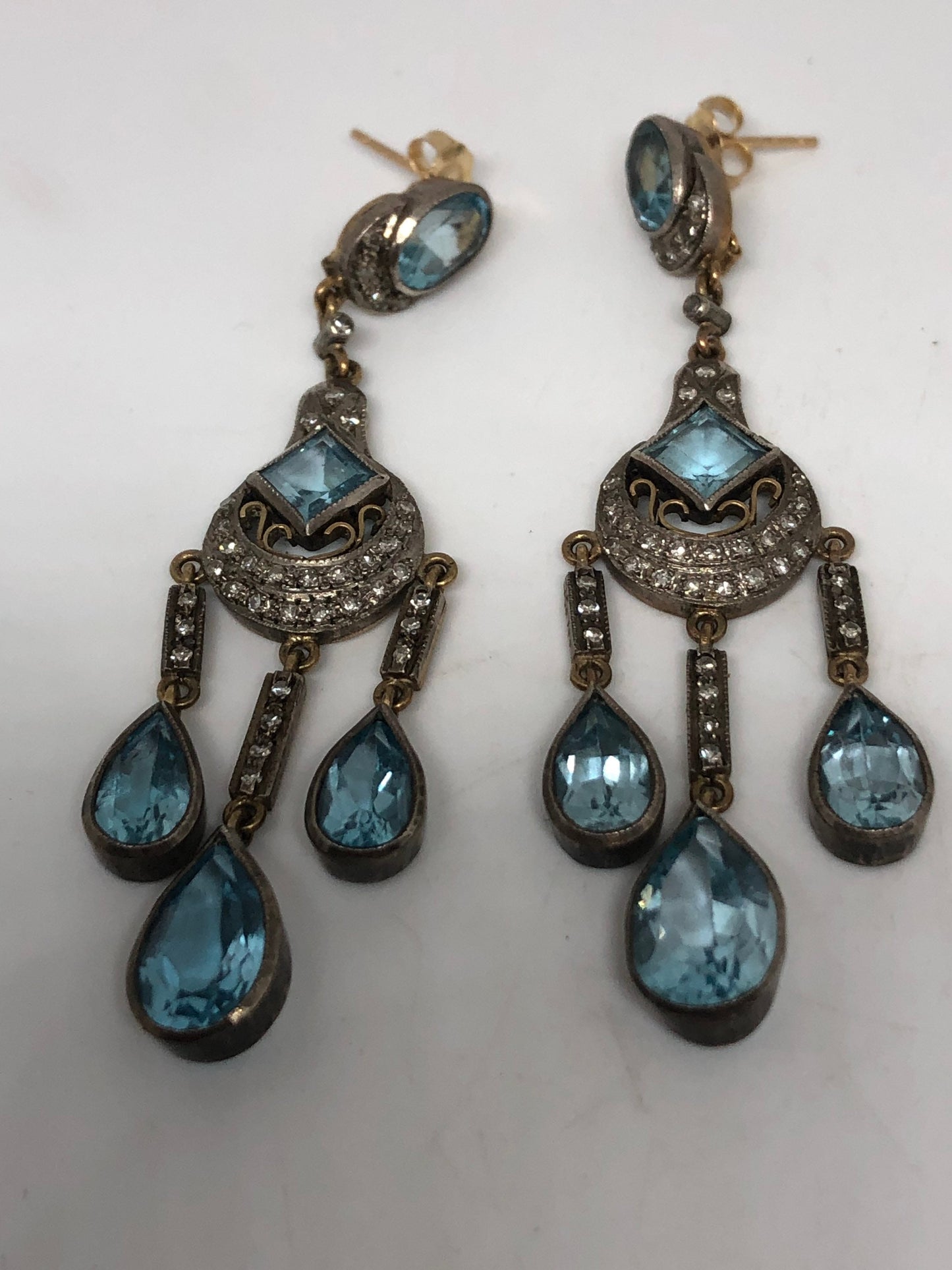 Vintage Blue Topaz Diamond Earrings 925 Sterling Silver Chandelier Shoulder Duster