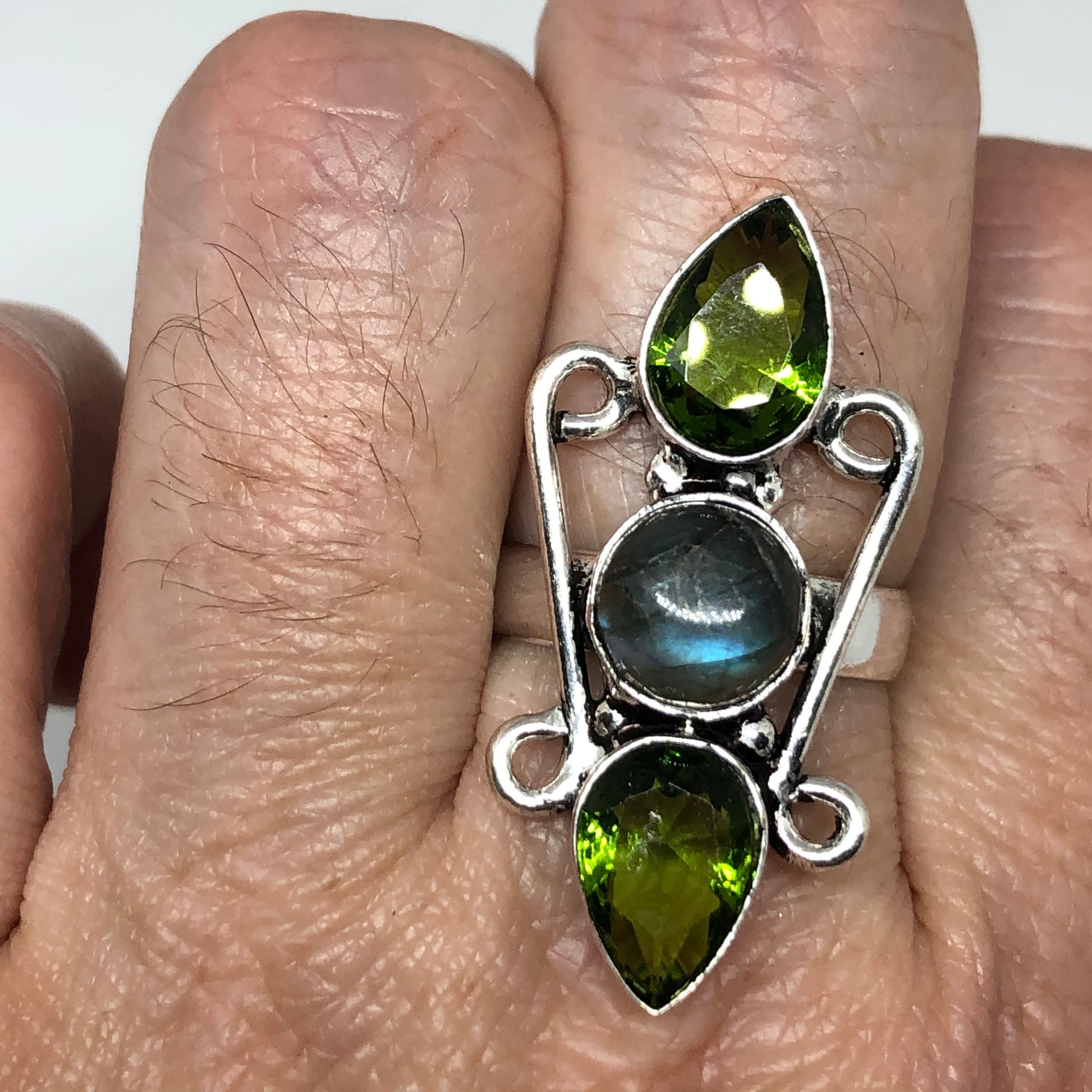 Vintage Labradorite Peridot Silver Ring Size 7.5