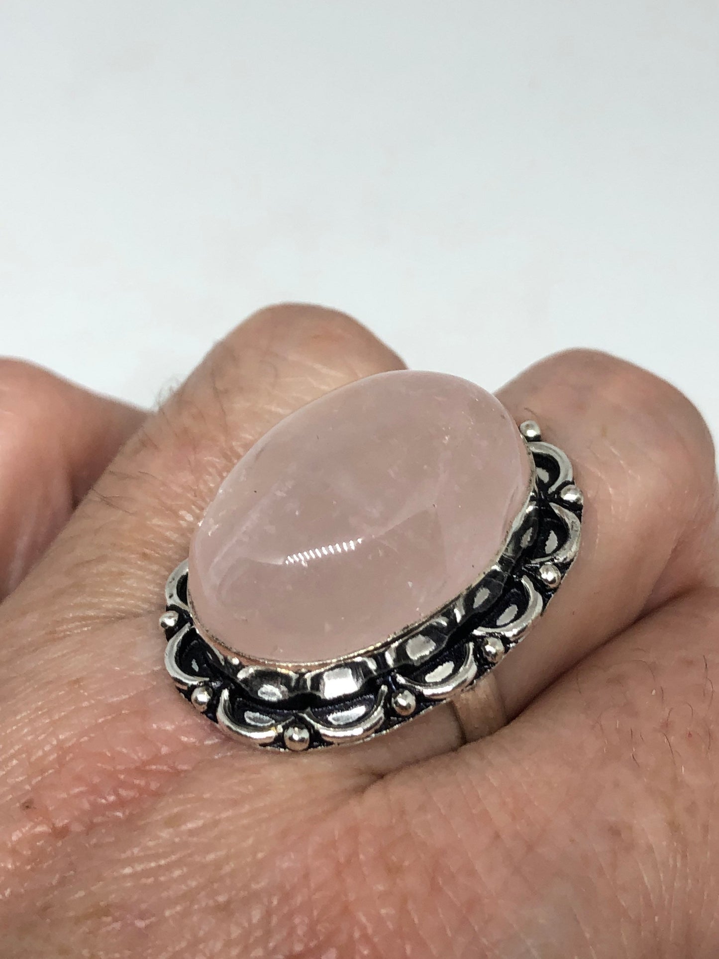 Vintage Rose Quartz Silver Cocktail Ring Size 8