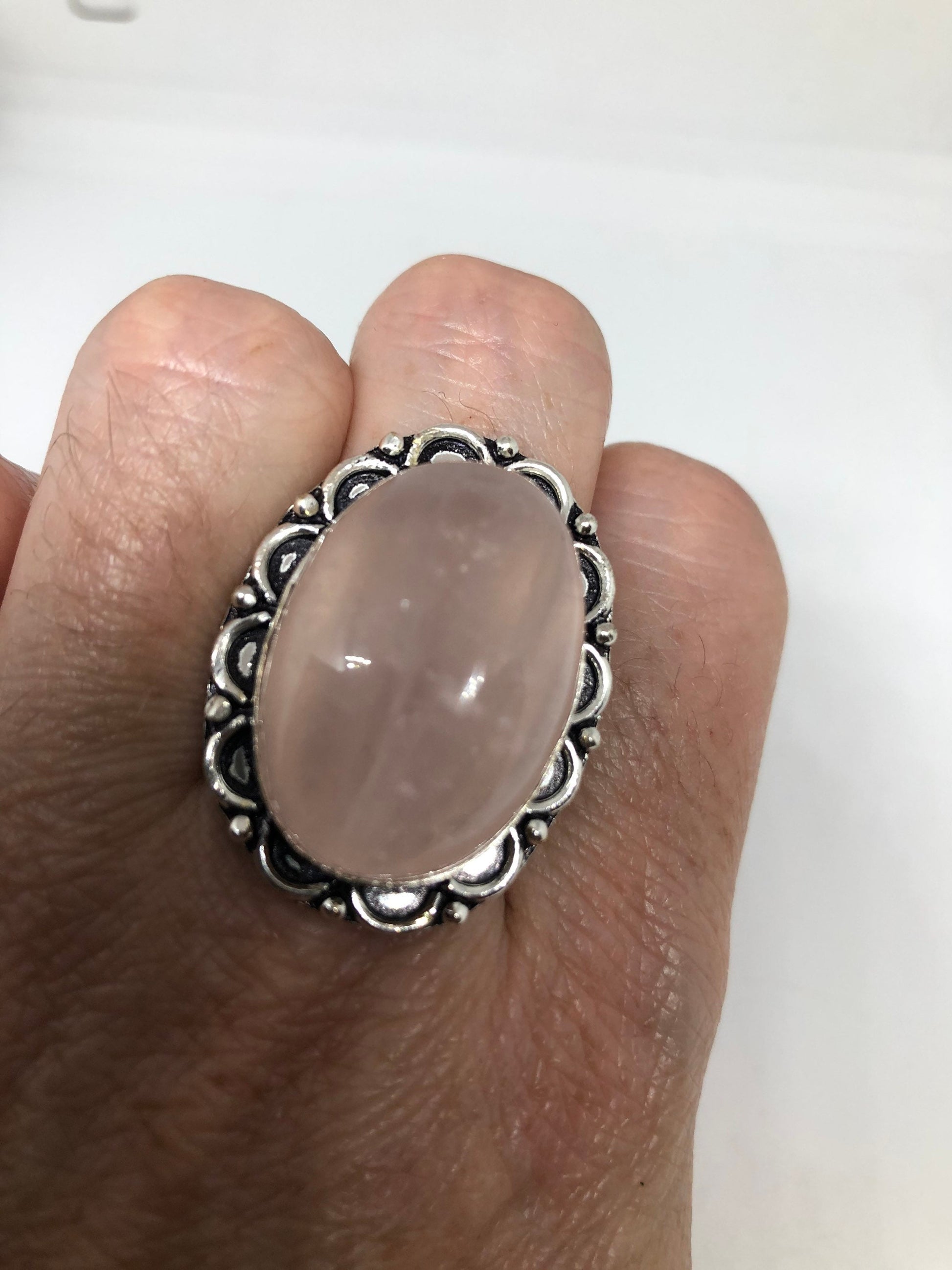 Vintage Rose Quartz Silver Cocktail Ring Size 8