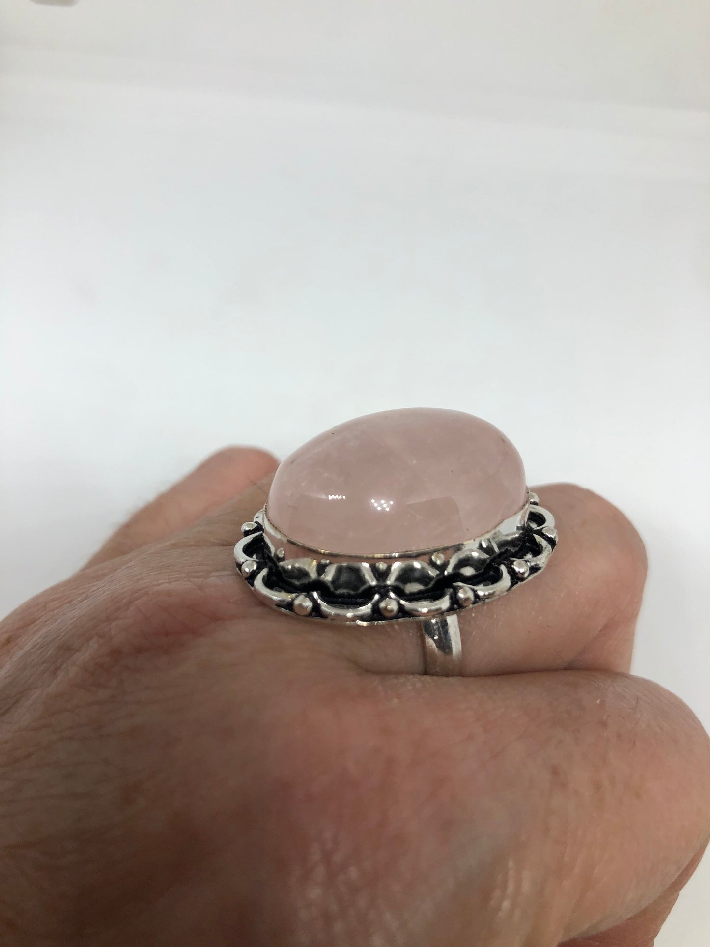 Vintage Rose Quartz Silver Cocktail Ring Size 8