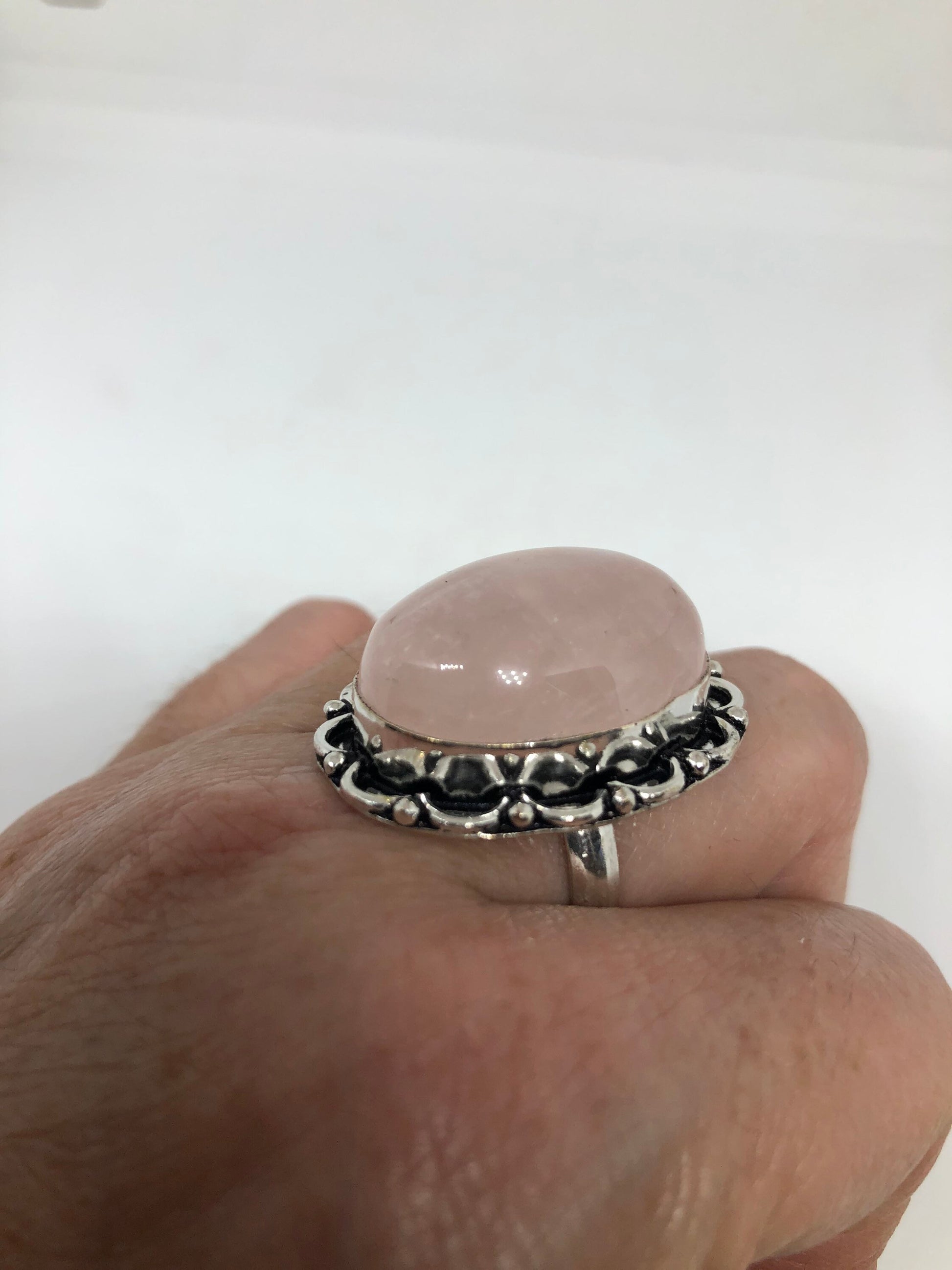 Vintage Rose Quartz Silver Cocktail Ring Size 8
