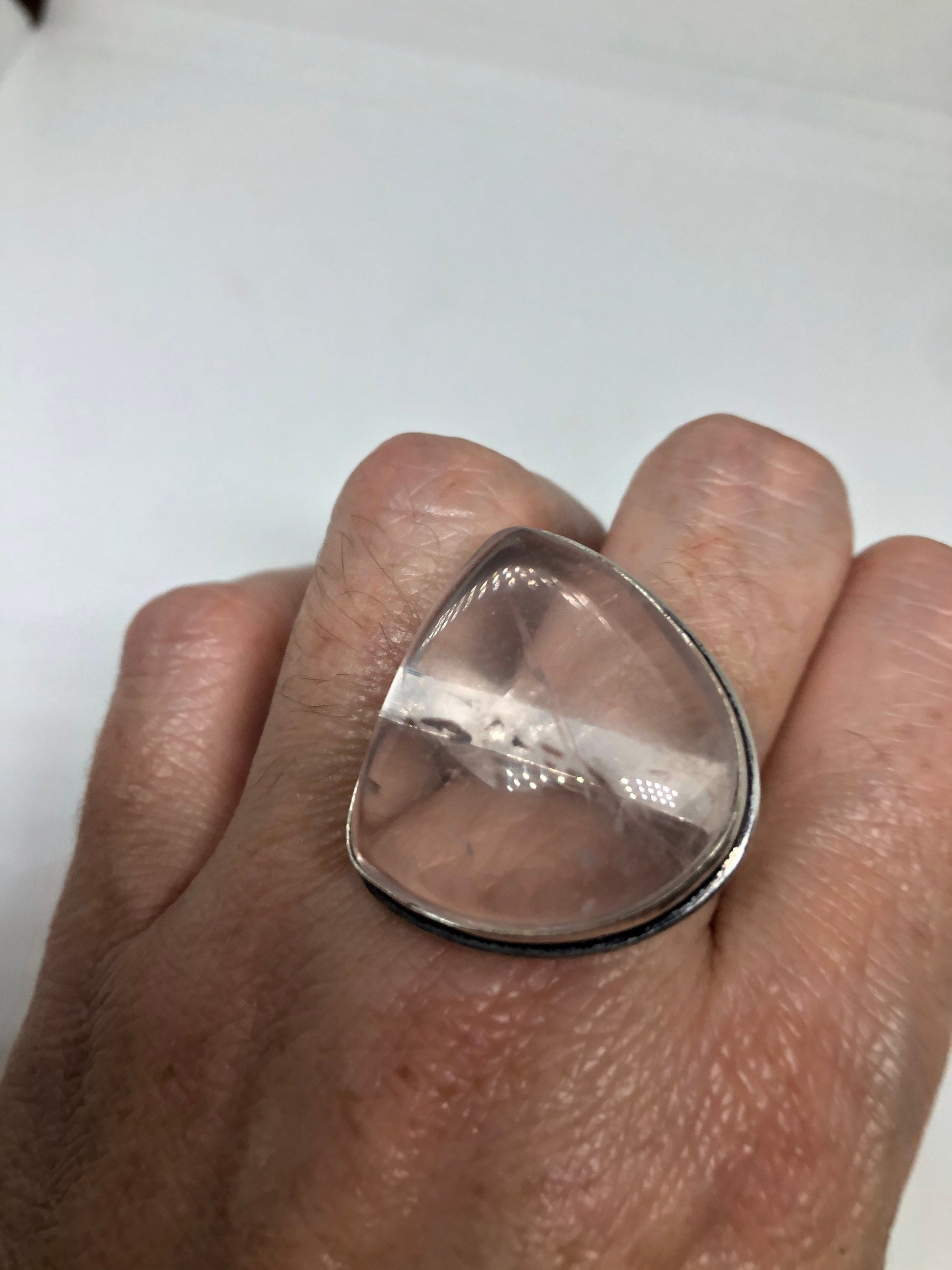 Vintage Rose Quartz Silver Cocktail Ring Size 9