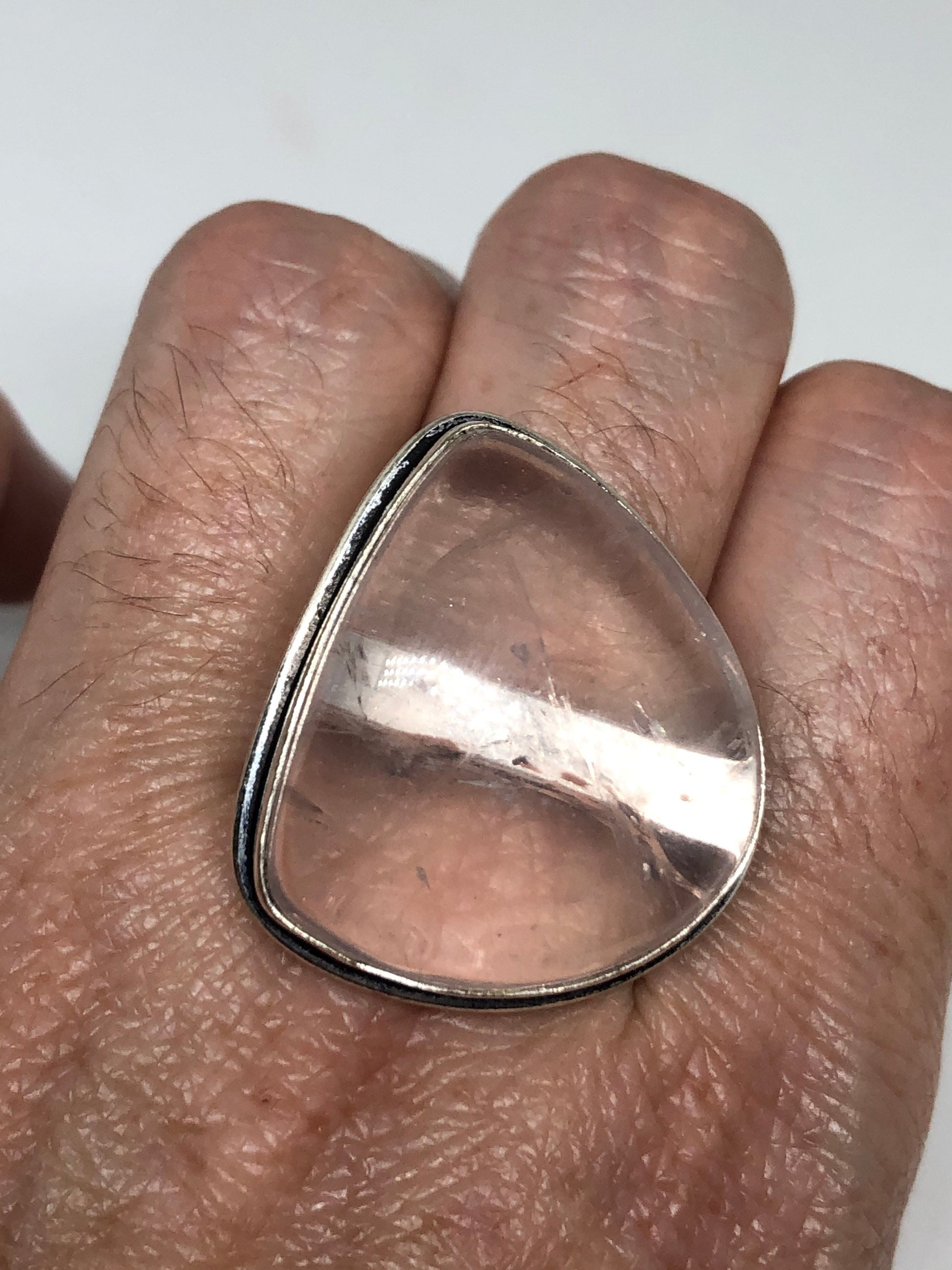 Vintage Rose Quartz Silver Cocktail Ring Size 9