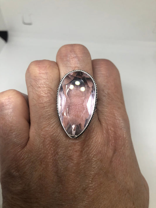 Vintage Rose Quartz Silver Cocktail Ring Size 9