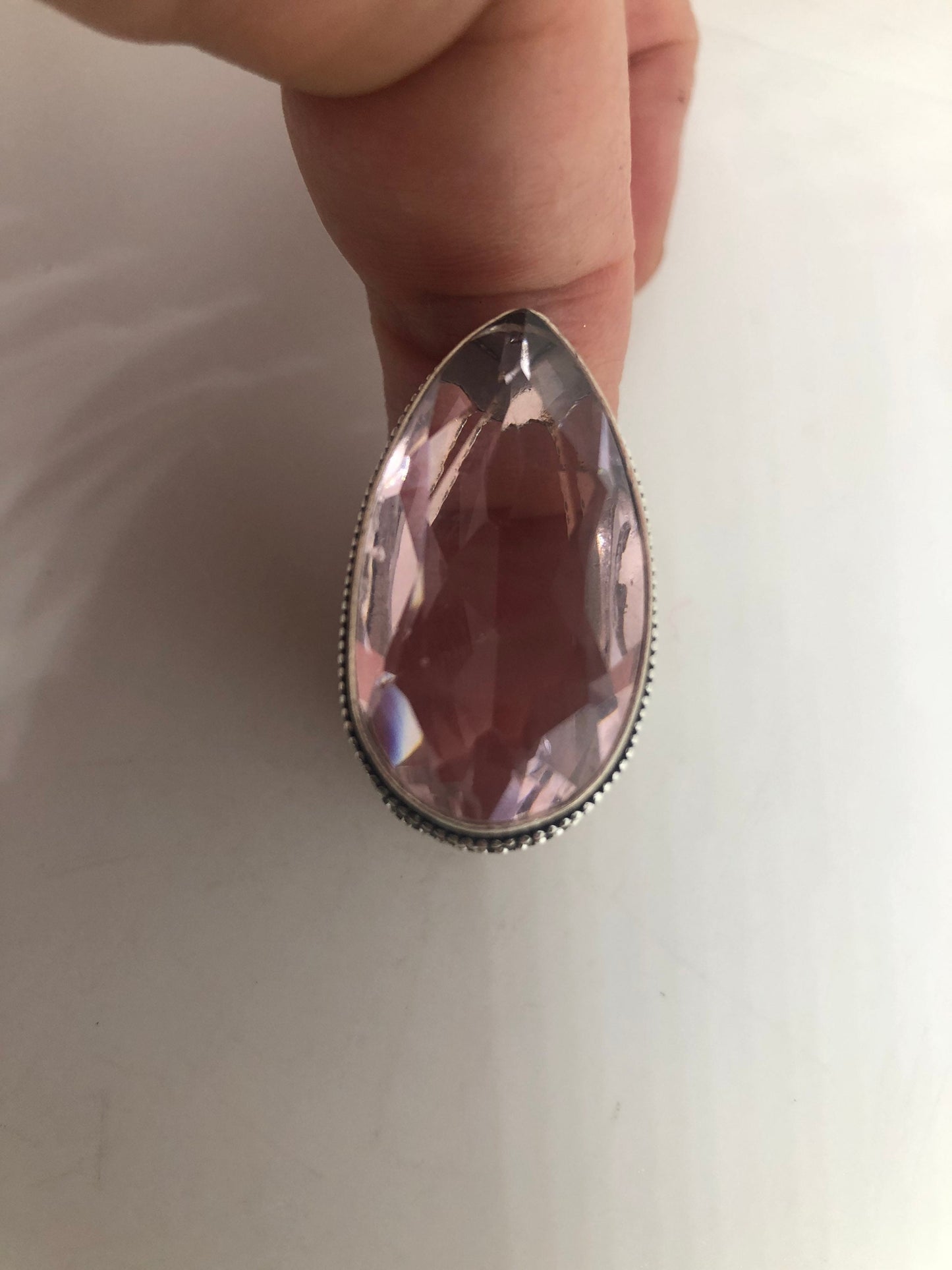 Vintage Rose Quartz Silver Cocktail Ring Size 9