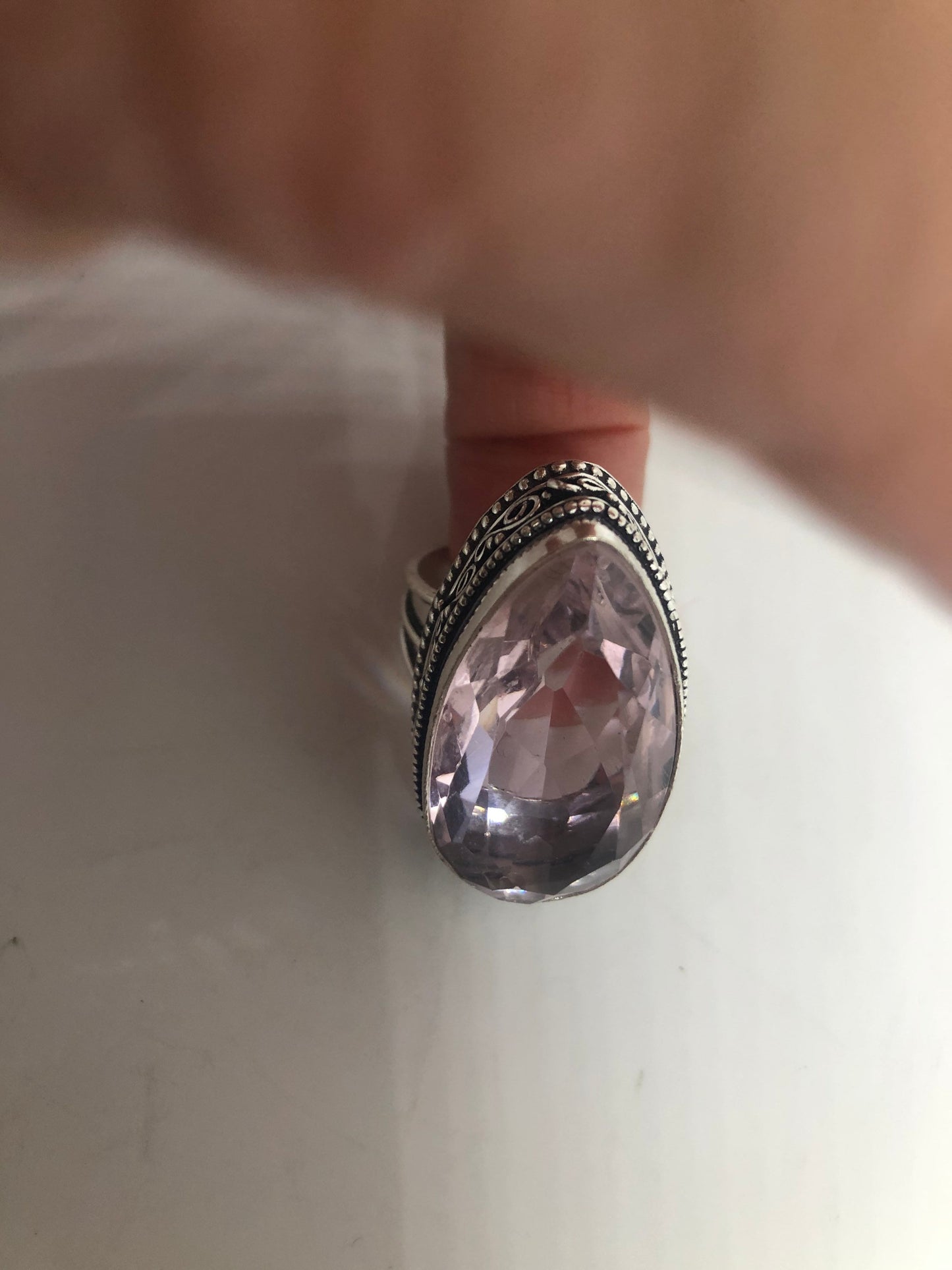 Vintage Rose Quartz Silver Cocktail Ring Size 9