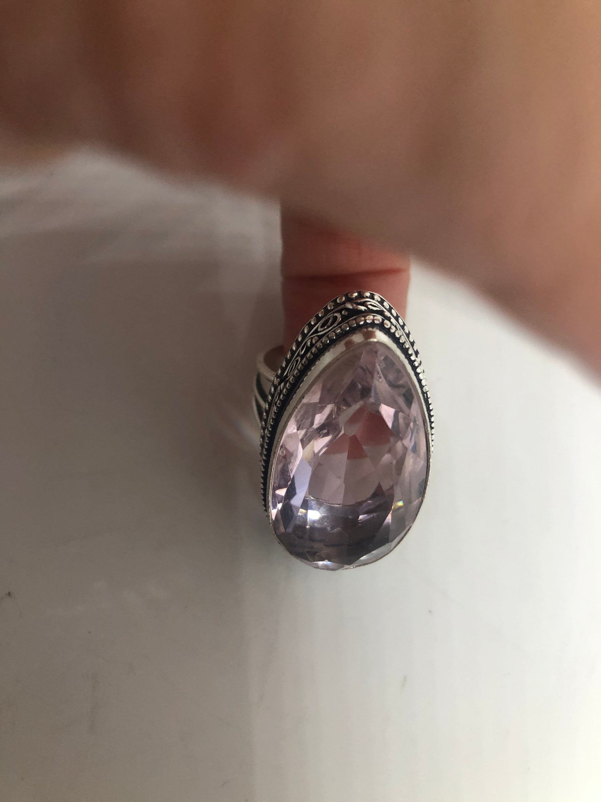 Vintage Rose Quartz Silver Cocktail Ring Size 9