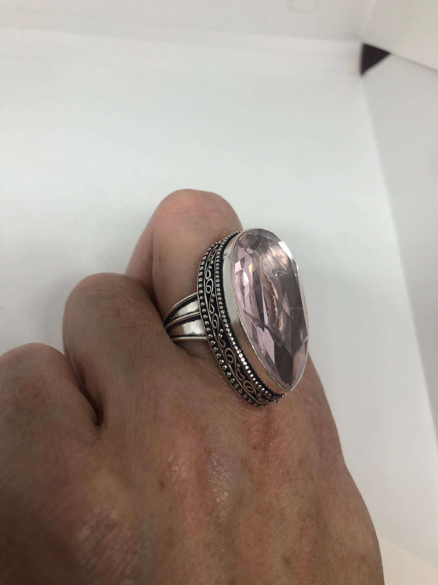 Vintage Rose Quartz Silver Cocktail Ring Size 9