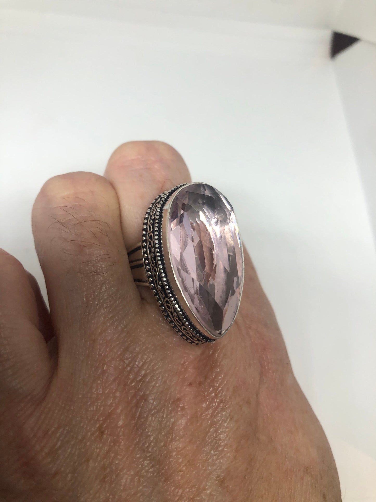 Vintage Rose Quartz Silver Cocktail Ring Size 9