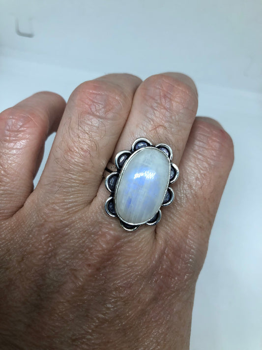 Vintage Blue White Rainbow Moonstone Silver Cocktail Ring