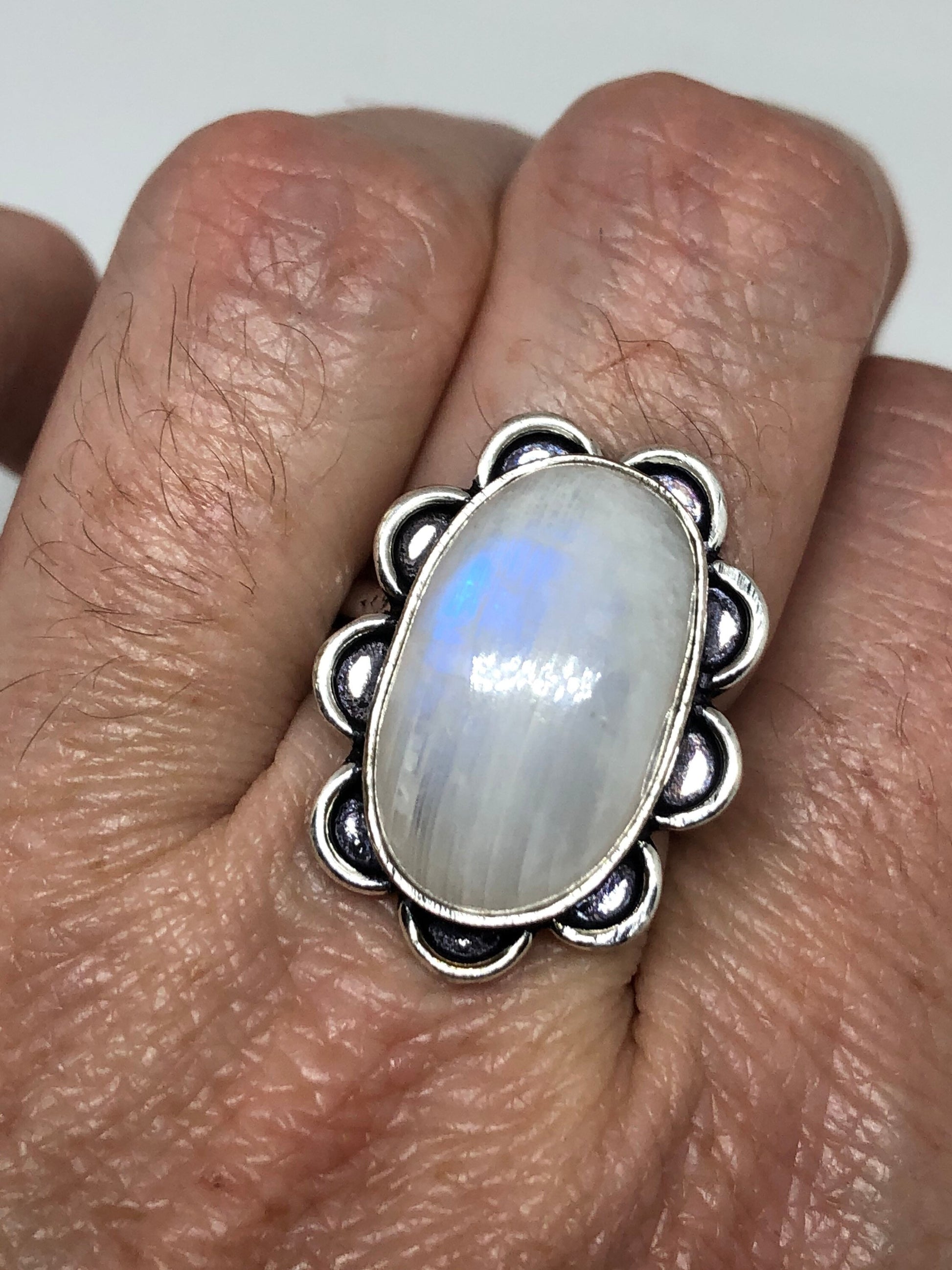 Vintage Blue White Rainbow Moonstone Silver Cocktail Ring