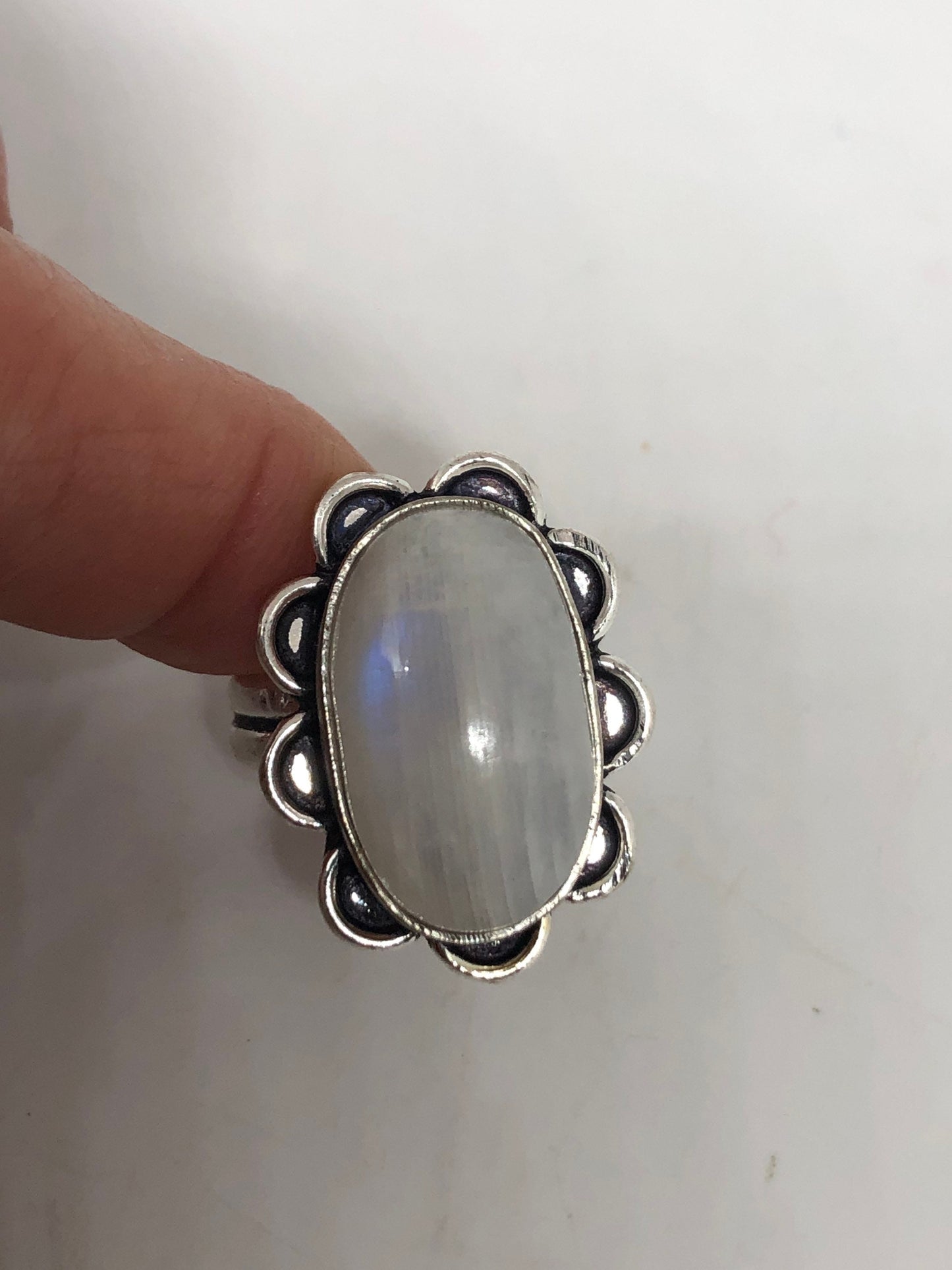 Vintage Blue White Rainbow Moonstone Silver Cocktail Ring