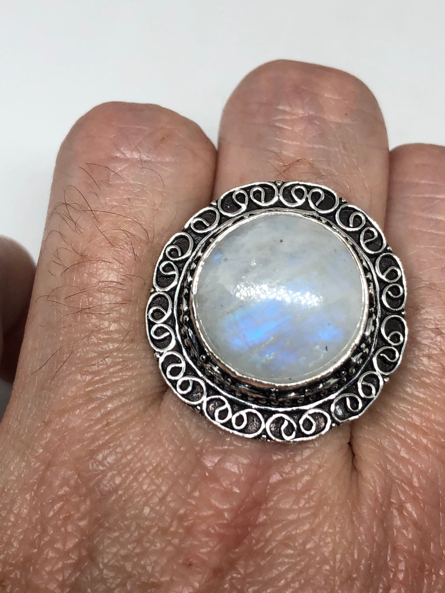 Vintage Blue White Rainbow Moonstone Silver Cocktail Statement Ring