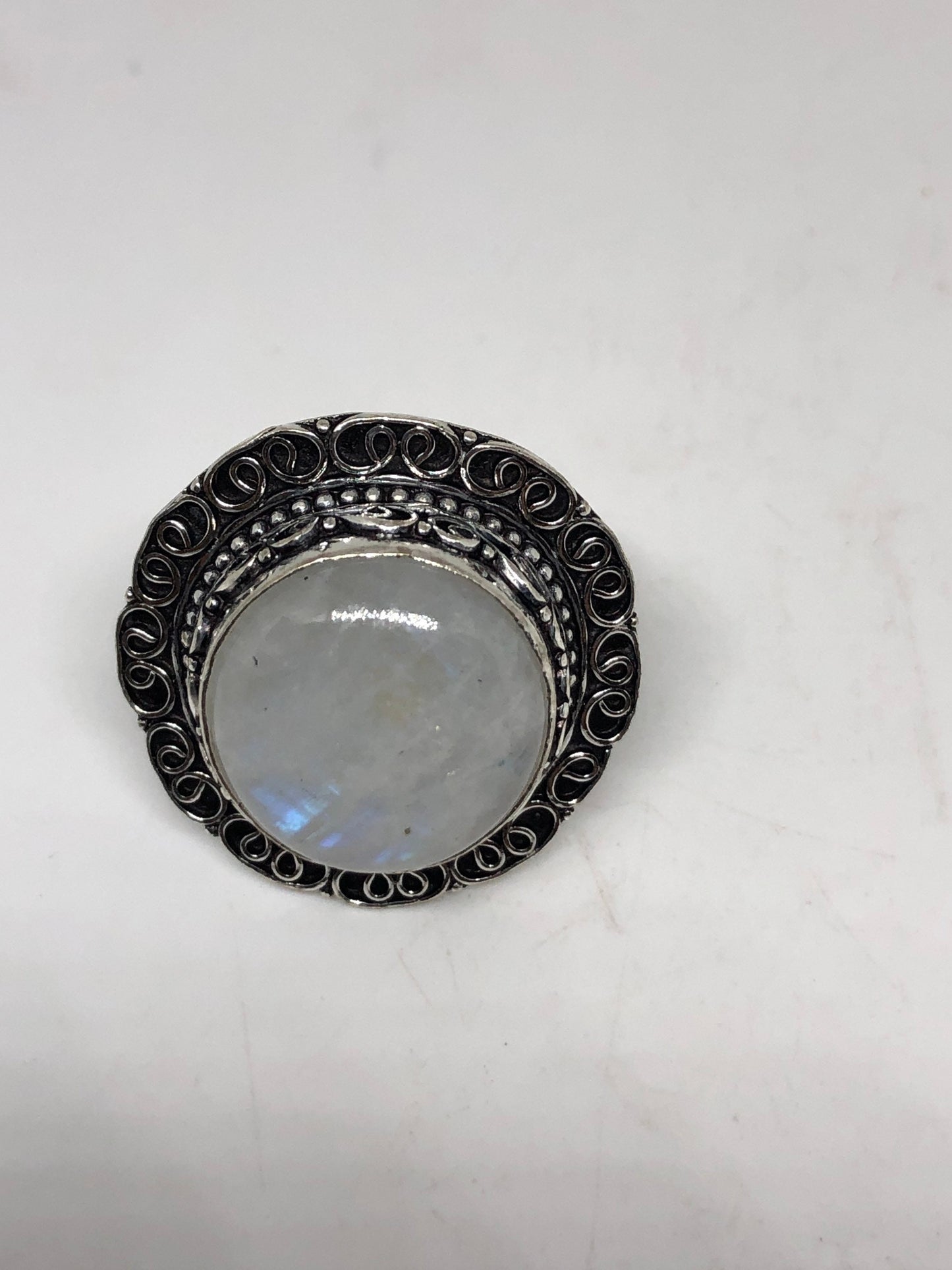 Vintage Blue White Rainbow Moonstone Silver Cocktail Statement Ring