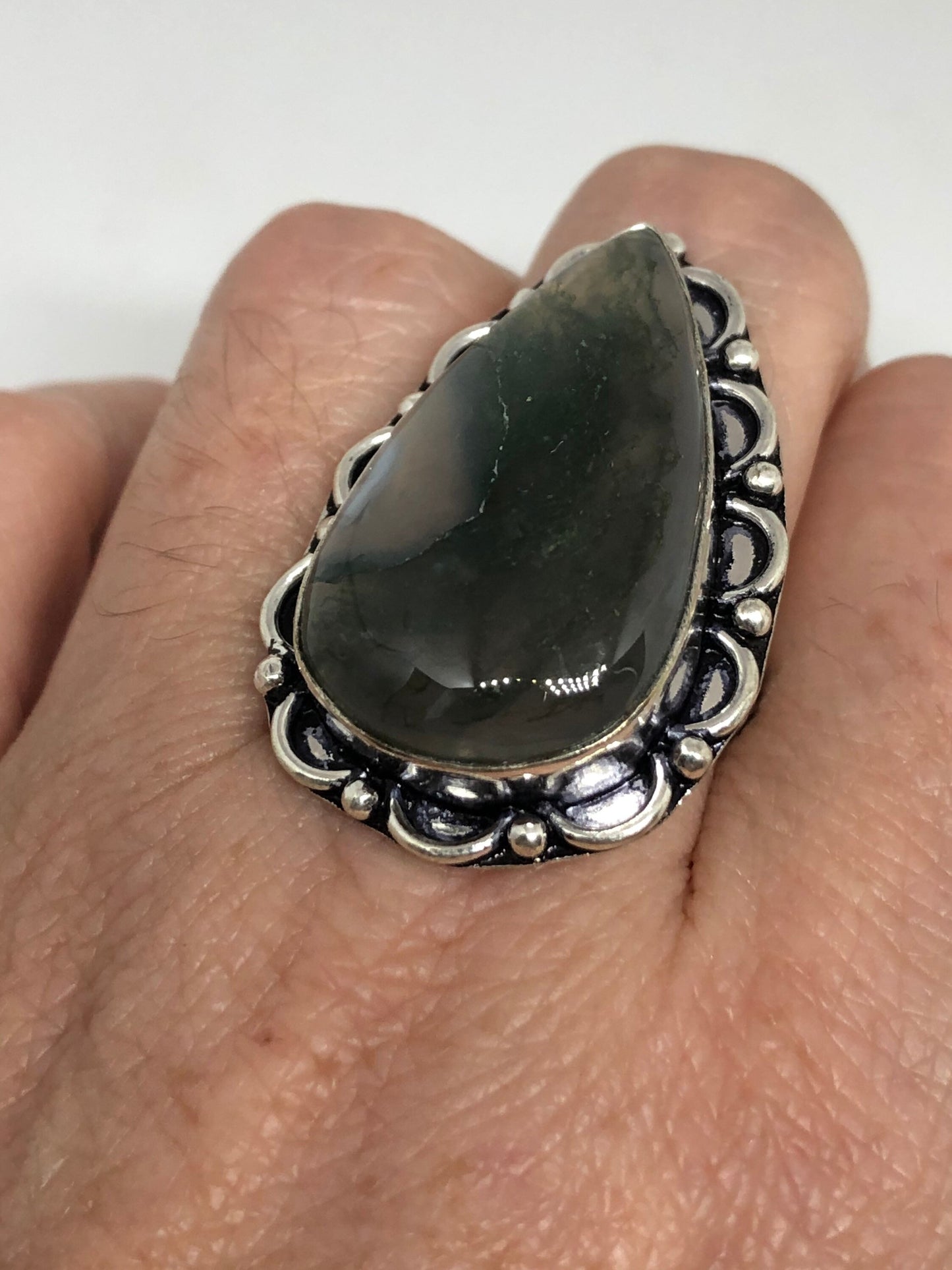 Vintage Green Moss Agate Ring Statement Cocktail