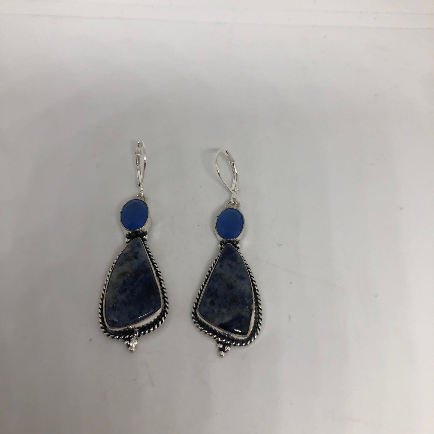 Vintage Silver Earrings | Blue Lapis Chalcedony Gemstone Antique Style Setting Silver Dangle Drop Chandelier Earrings