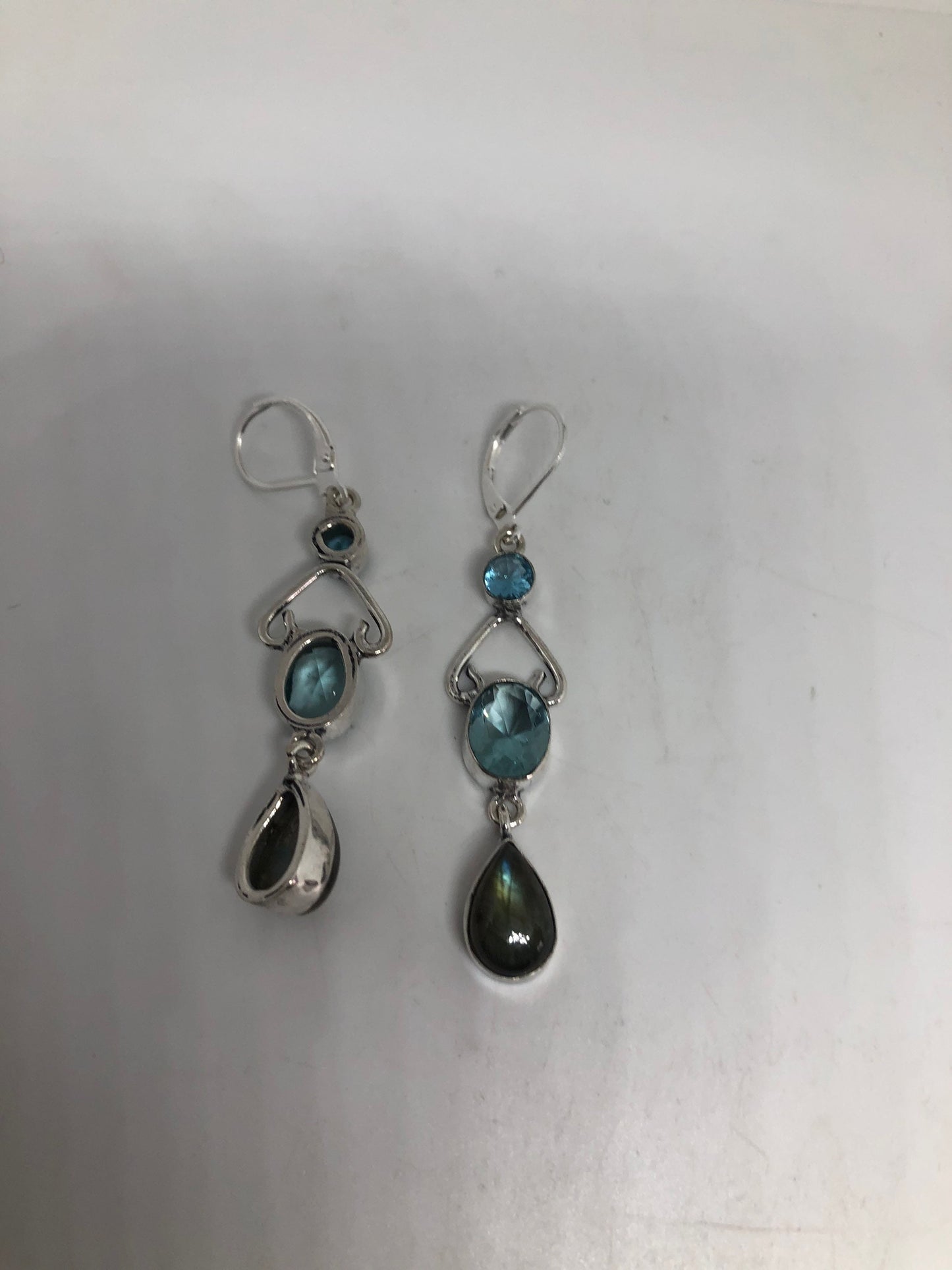 Vintage Silver Earrings | Blue Topaz Gemstone Antique Style Multistone Setting Silver Dangle Drop Chandelier Earrings