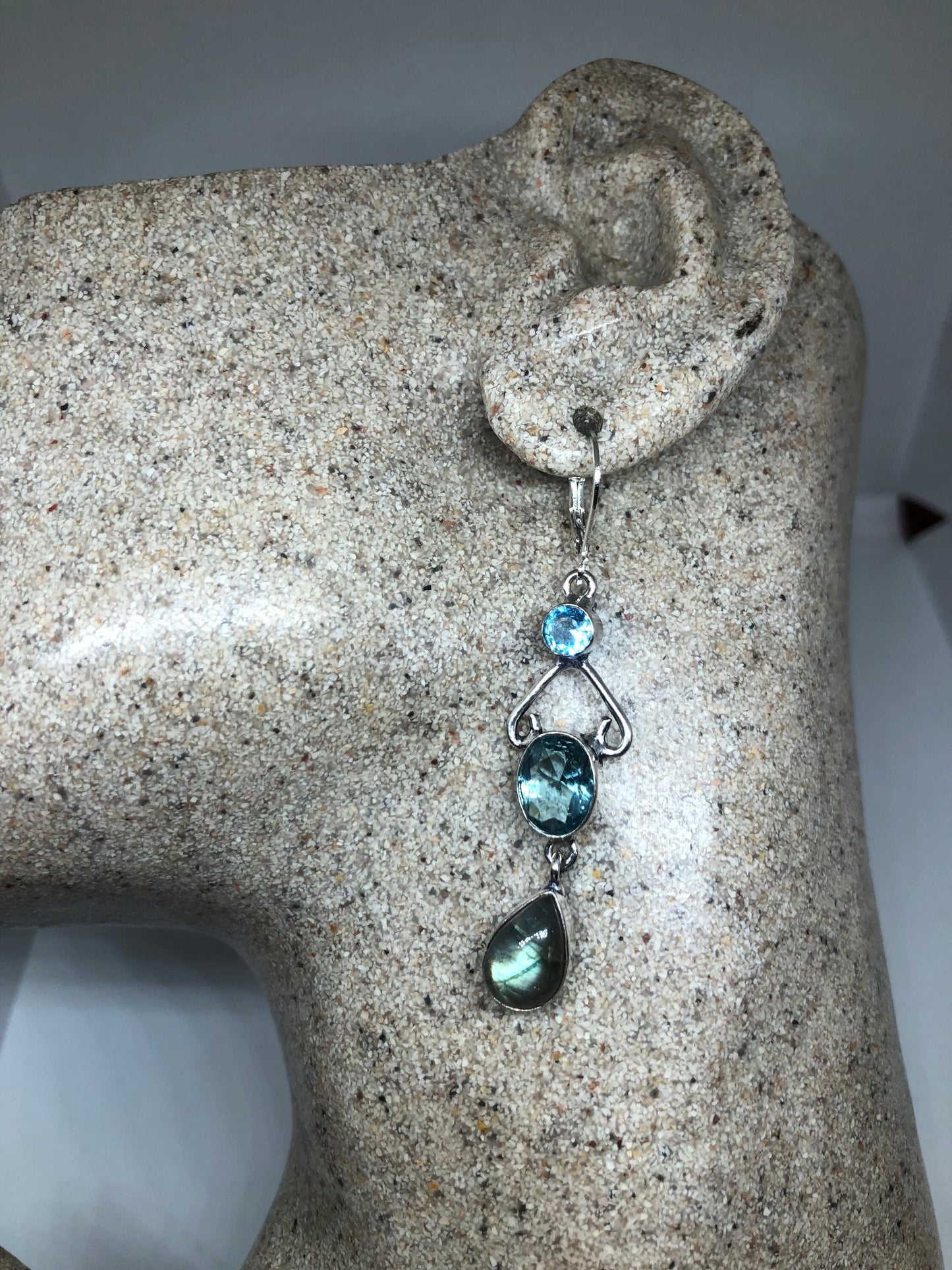 Vintage Silver Earrings | Blue Topaz Gemstone Antique Style Multistone Setting Silver Dangle Drop Chandelier Earrings