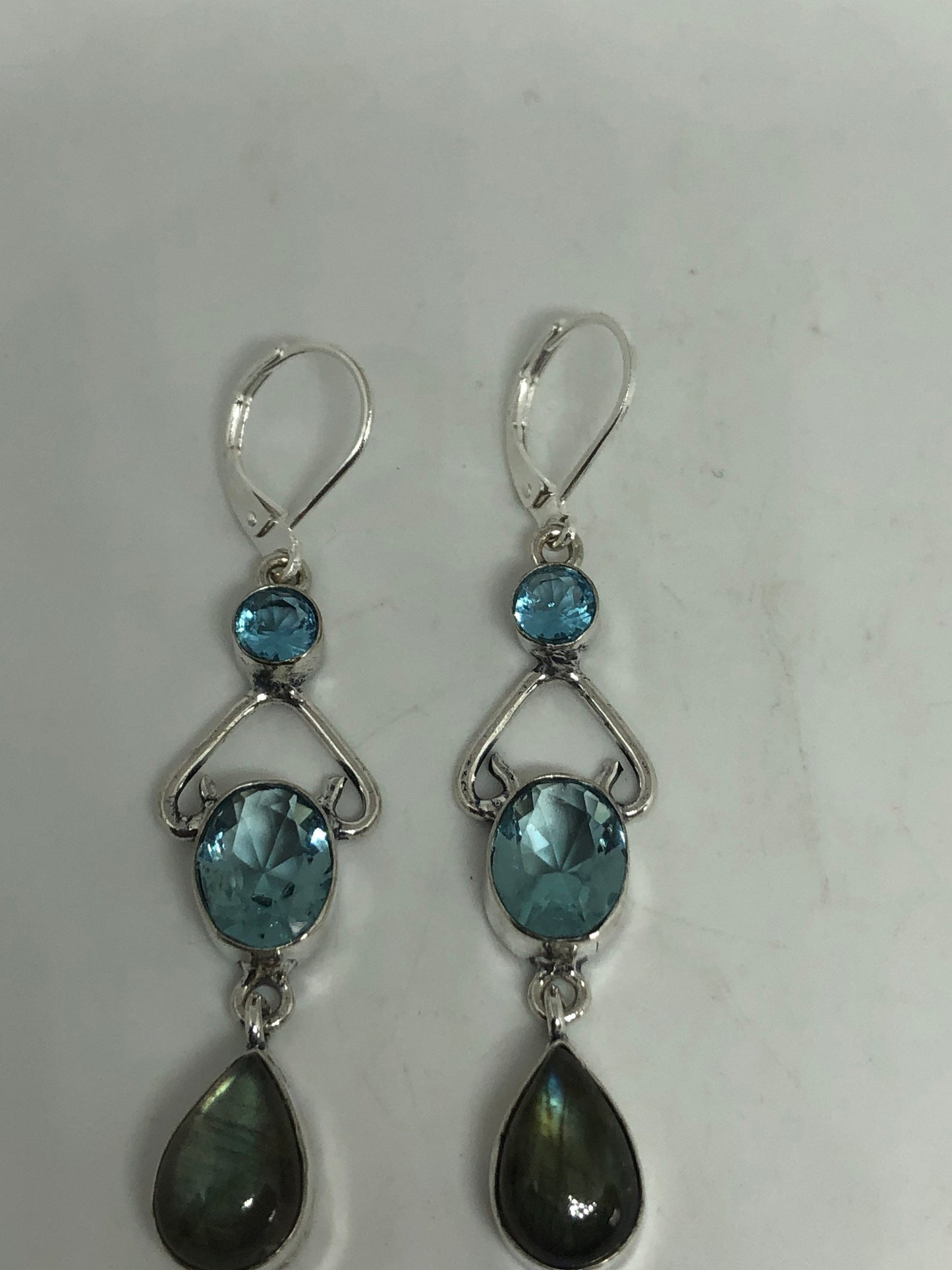 Vintage Silver Earrings | Blue Topaz Gemstone Antique Style Multistone Setting Silver Dangle Drop Chandelier Earrings