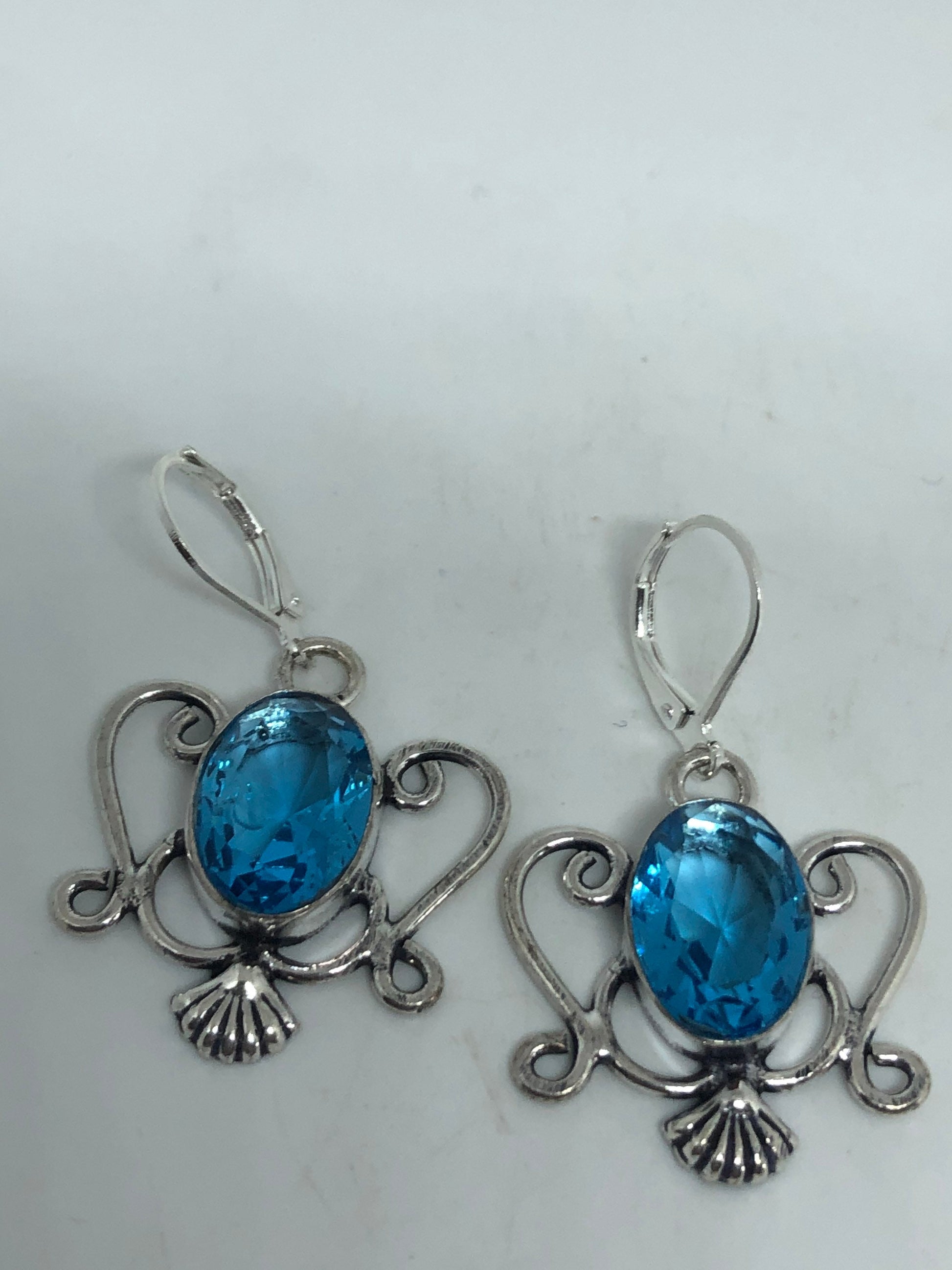 Vintage Silver Earrings | Blue Topaz Gemstone Antique Style Multistone Setting Silver Dangle Drop Chandelier Earrings