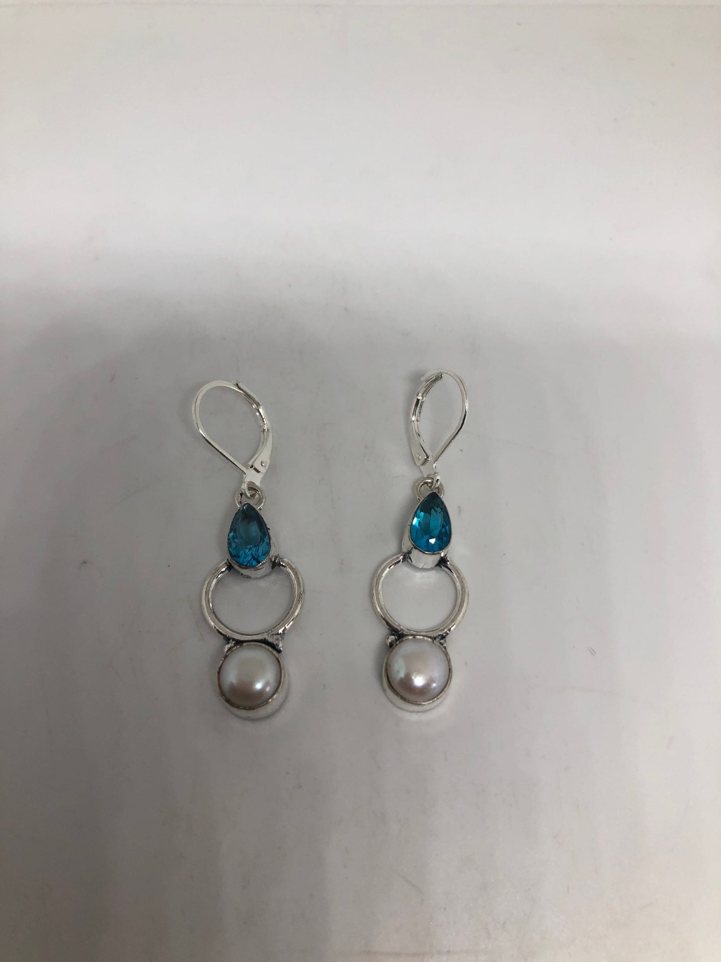 Vintage Silver Earrings | Blue Topaz Earrings Gemstone Antique Style Multistone Setting Silver Dangle Drop Chandelier Earrings