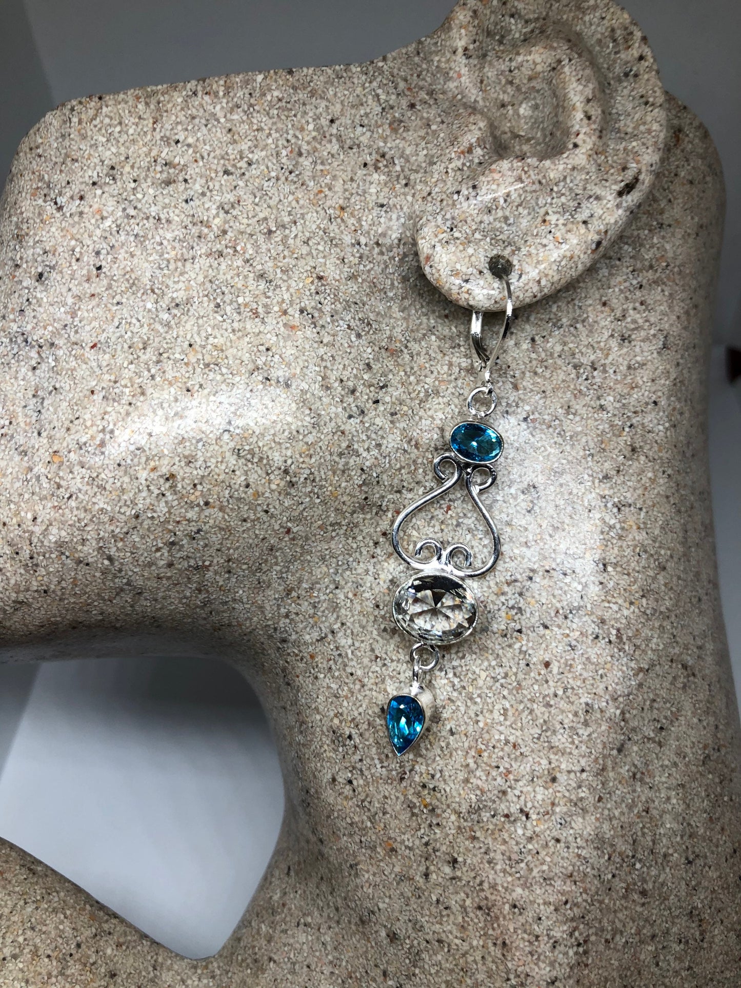 Vintage Silver Earrings | Blue and White Topaz Gemstone Antique Style Multistone Setting Silver Dangle Drop Chandelier Earrings