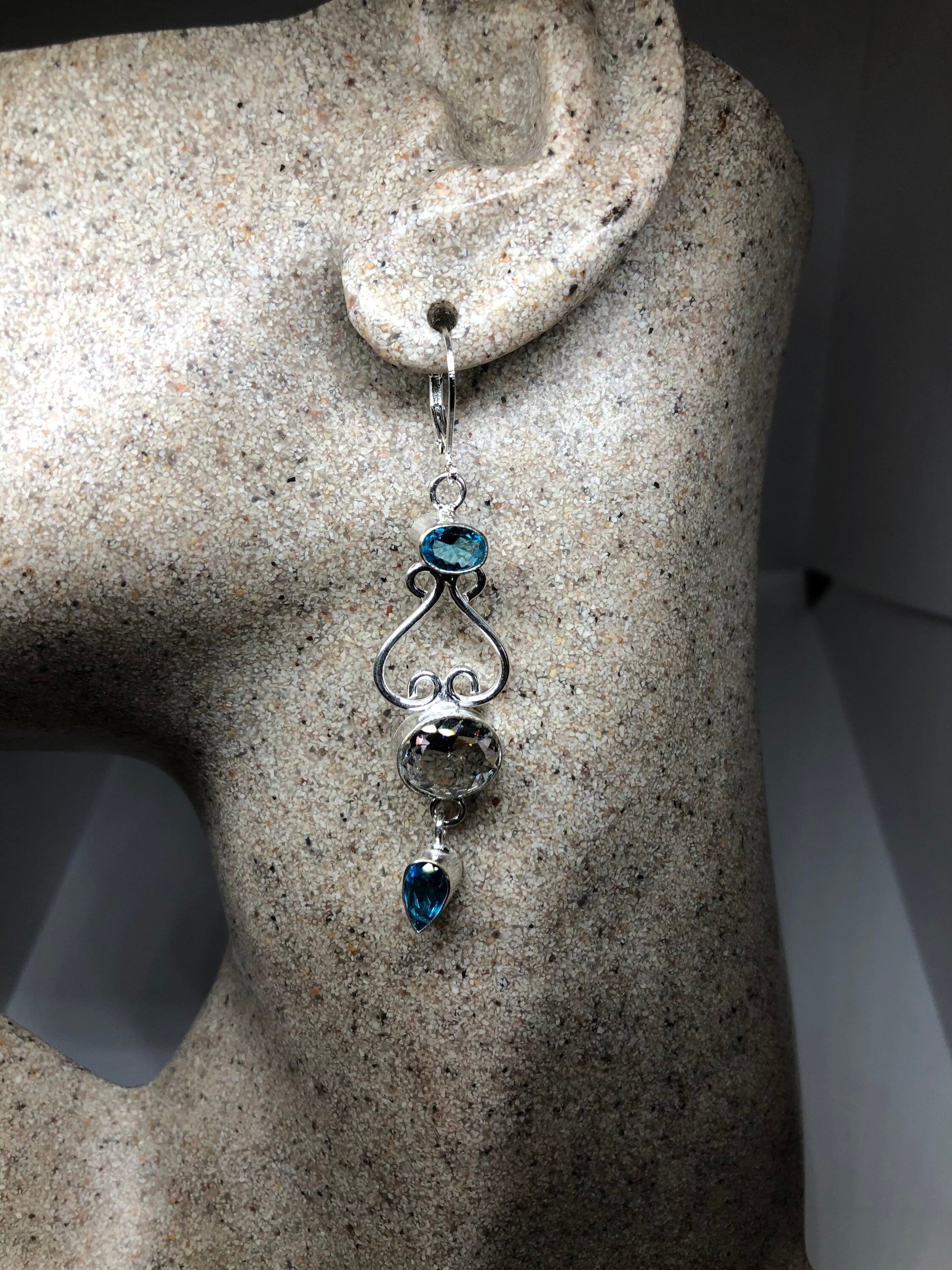 Vintage Silver Earrings | Blue and White Topaz Gemstone Antique Style Multistone Setting Silver Dangle Drop Chandelier Earrings