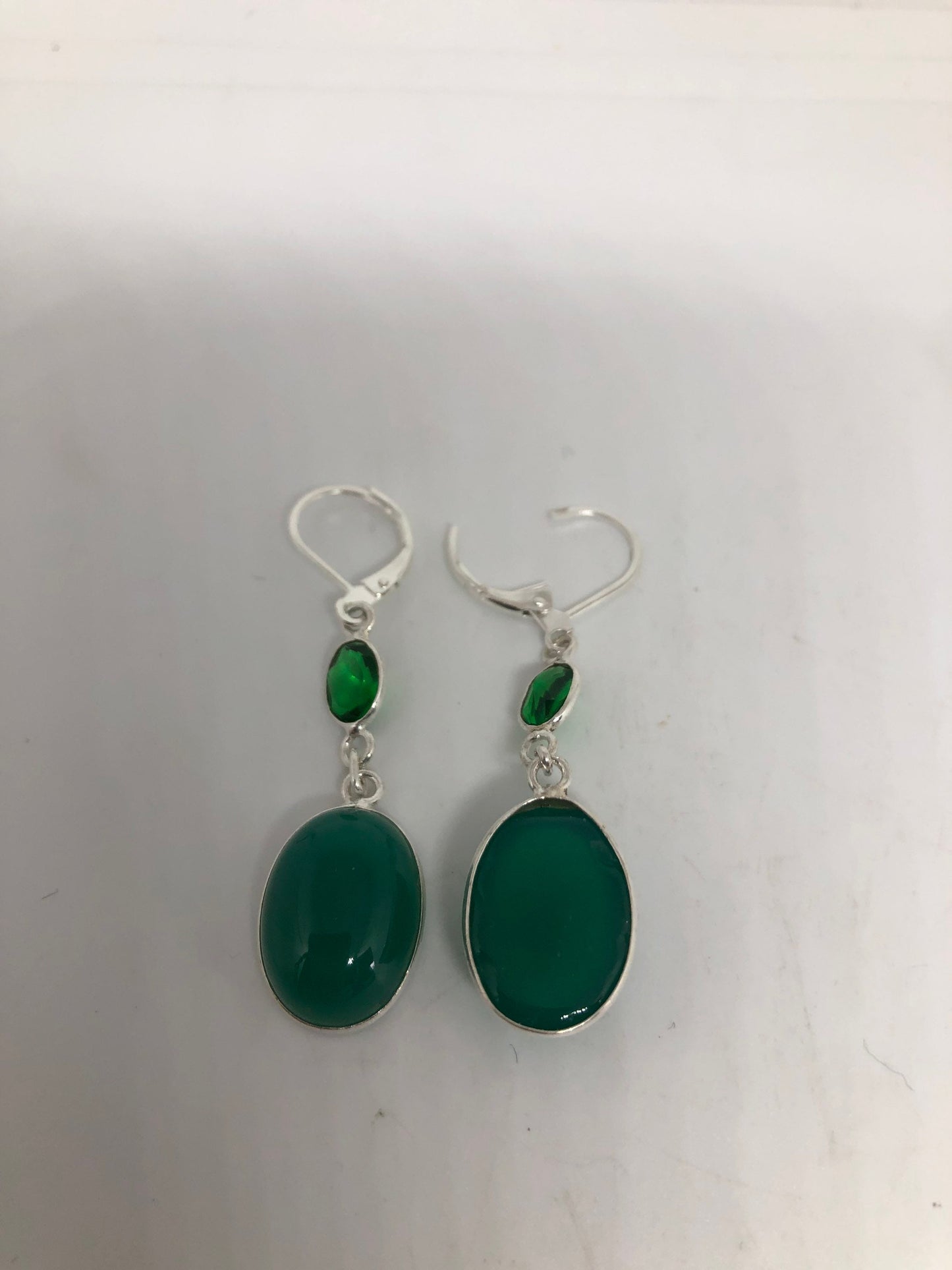 Antique Vintage Green Chrysoprase Silver Dangle Earrings