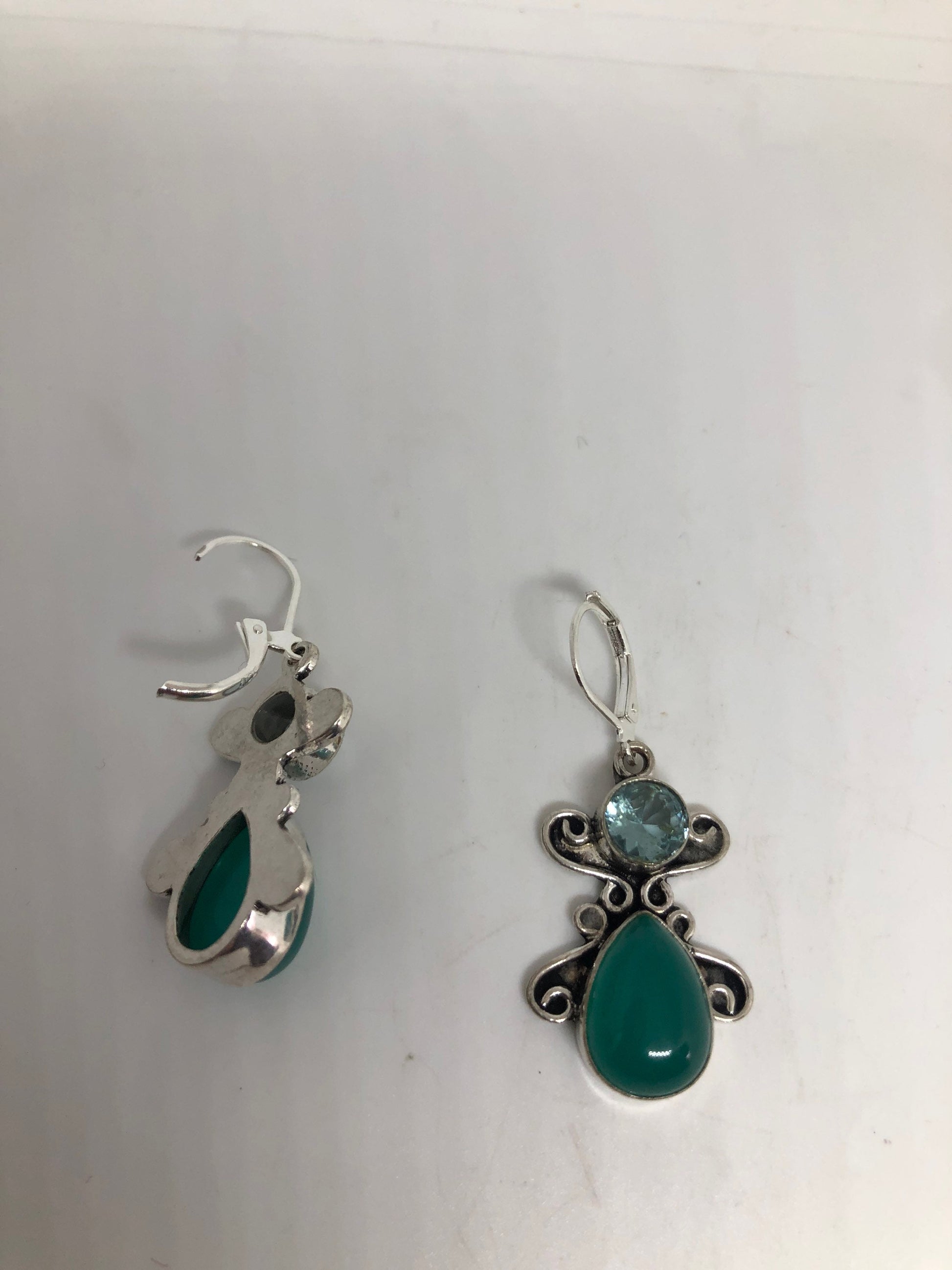 Vintage Silver Earrings | Green Chrysoprase Blue Topaz Gemstone Antique Style Setting Dangle Drop Earrings