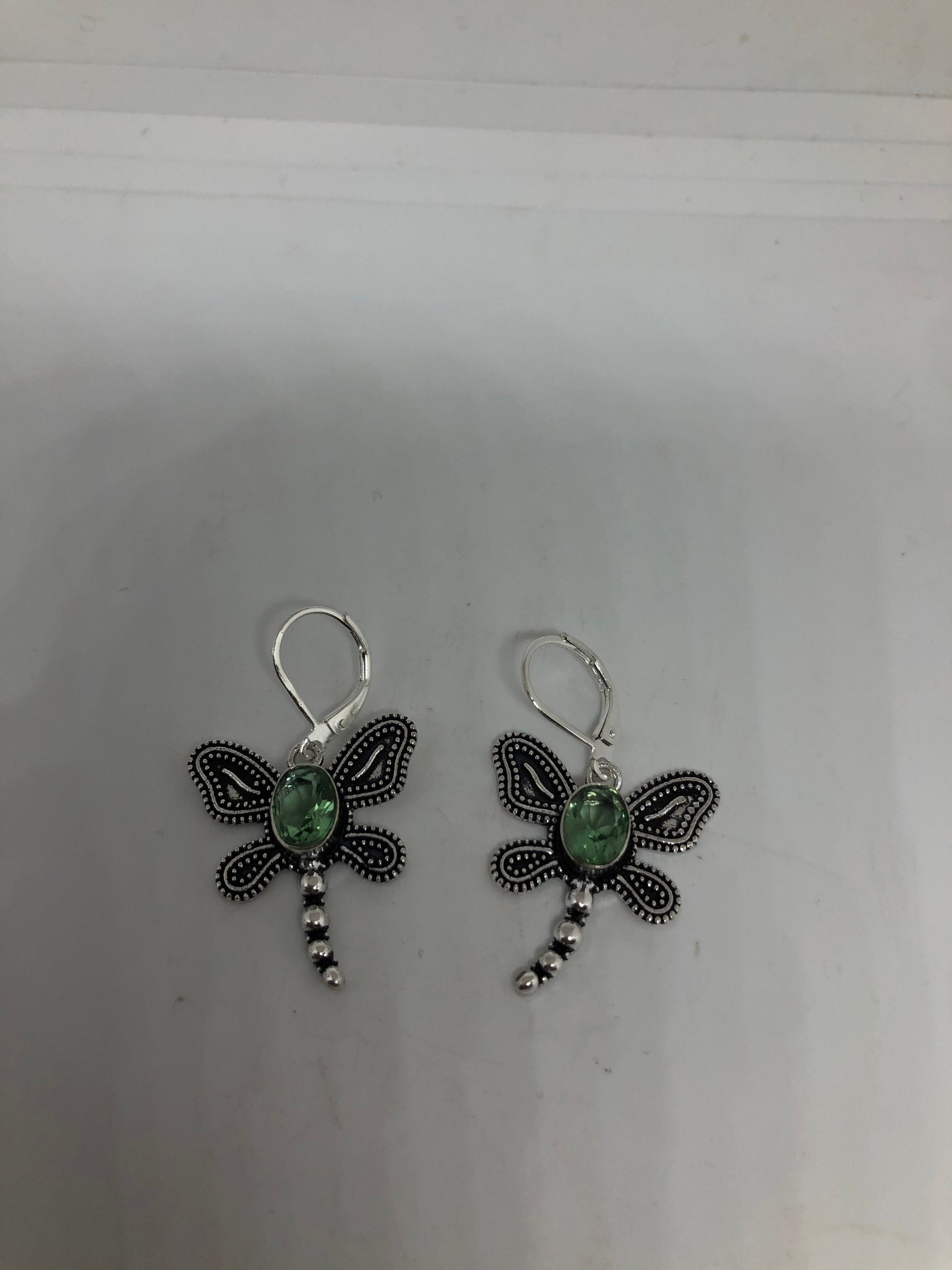 Vintage Silver Earrings | Genuine Green Amethyst Antique Style 925 Sterling Silver Setting Dangle Drop Chandelier Earrings