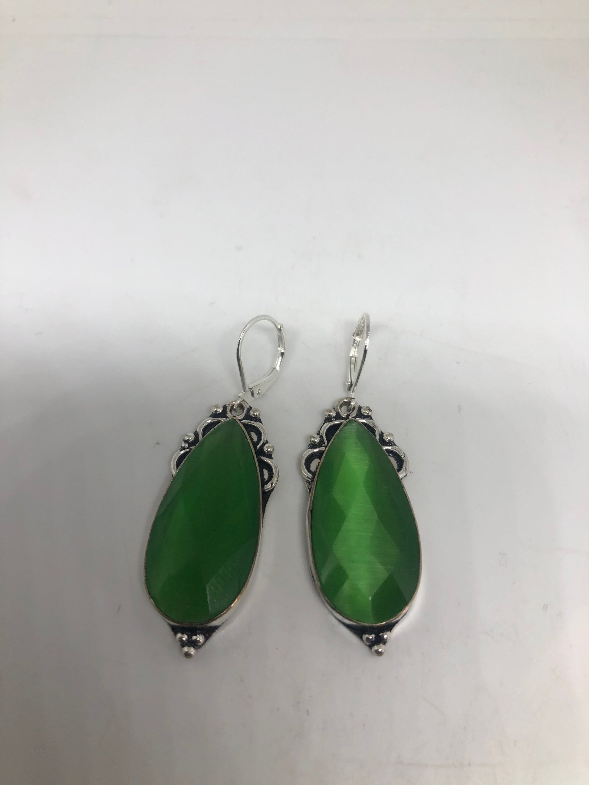 Vintage Silver Earrings | Green Glass Cats Eye Crystal Antique Style Setting Silver Dangle Drop Earrings