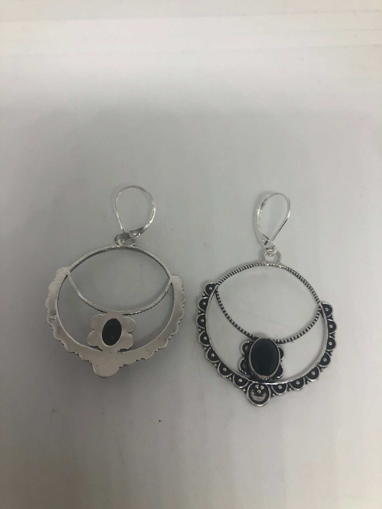 Vintage Silver Earrings | Black Onyx Gemstone | 925 Sterling Silver Antique Style Setting Deco Dangle Chandelier Earrings