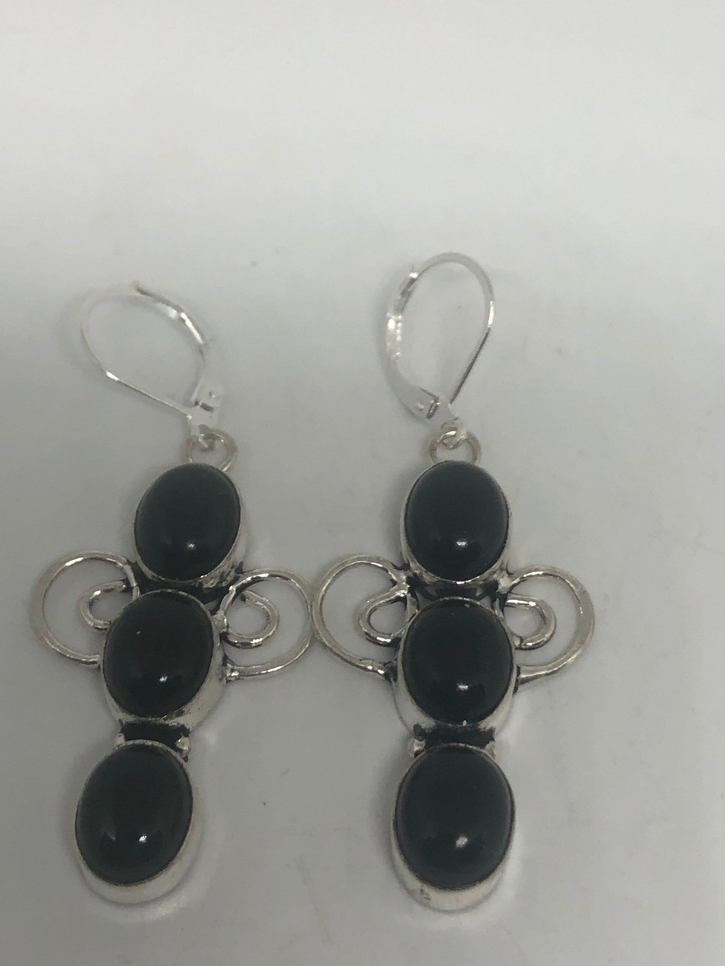 Vintage Silver Earrings | Black Onyx Gemstone | 925 Sterling Silver Antique Style Setting Deco Dangle Multistone Chandelier Earrings