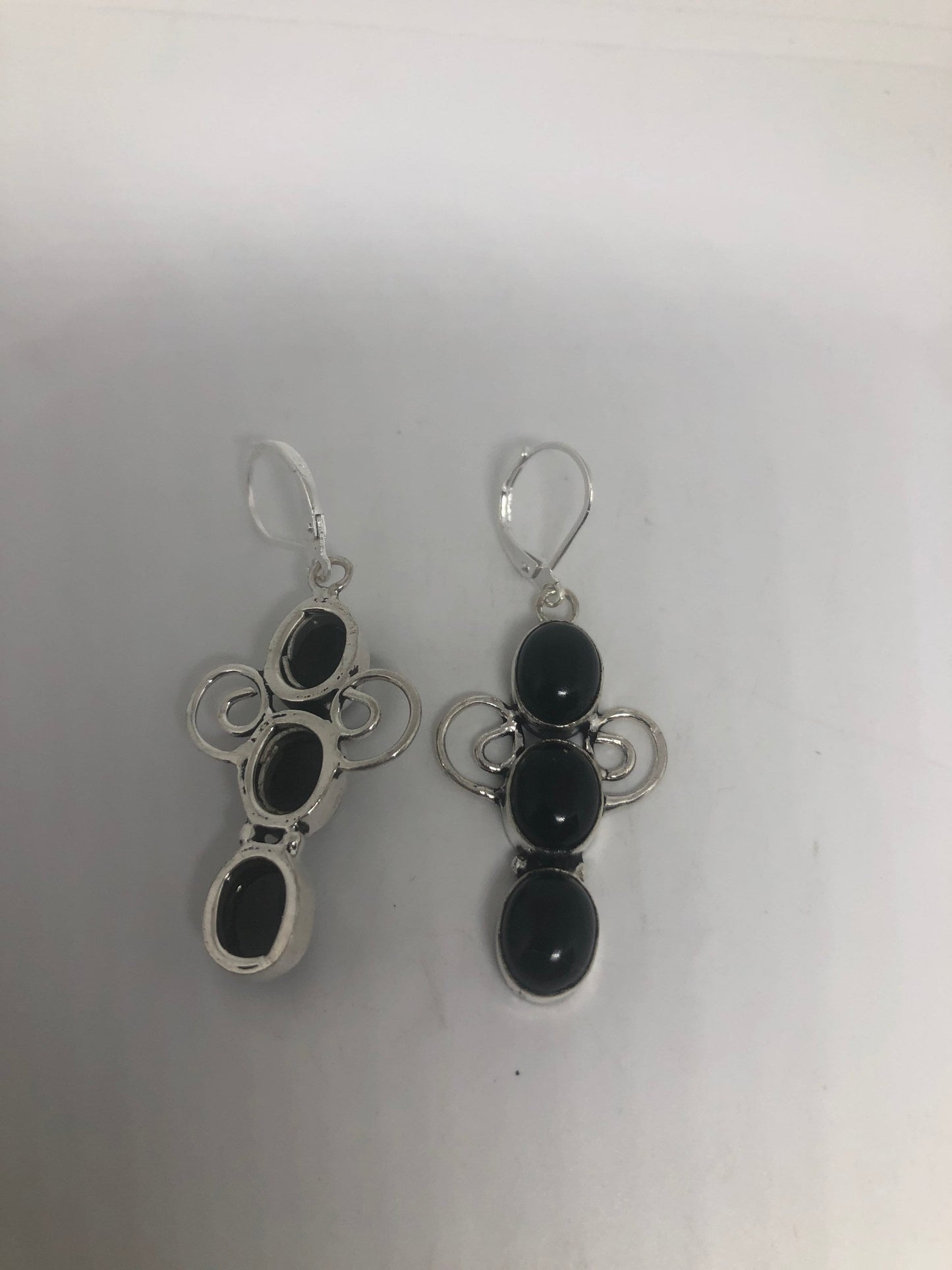 Vintage Silver Earrings | Black Onyx Gemstone | 925 Sterling Silver Antique Style Setting Deco Dangle Multistone Chandelier Earrings