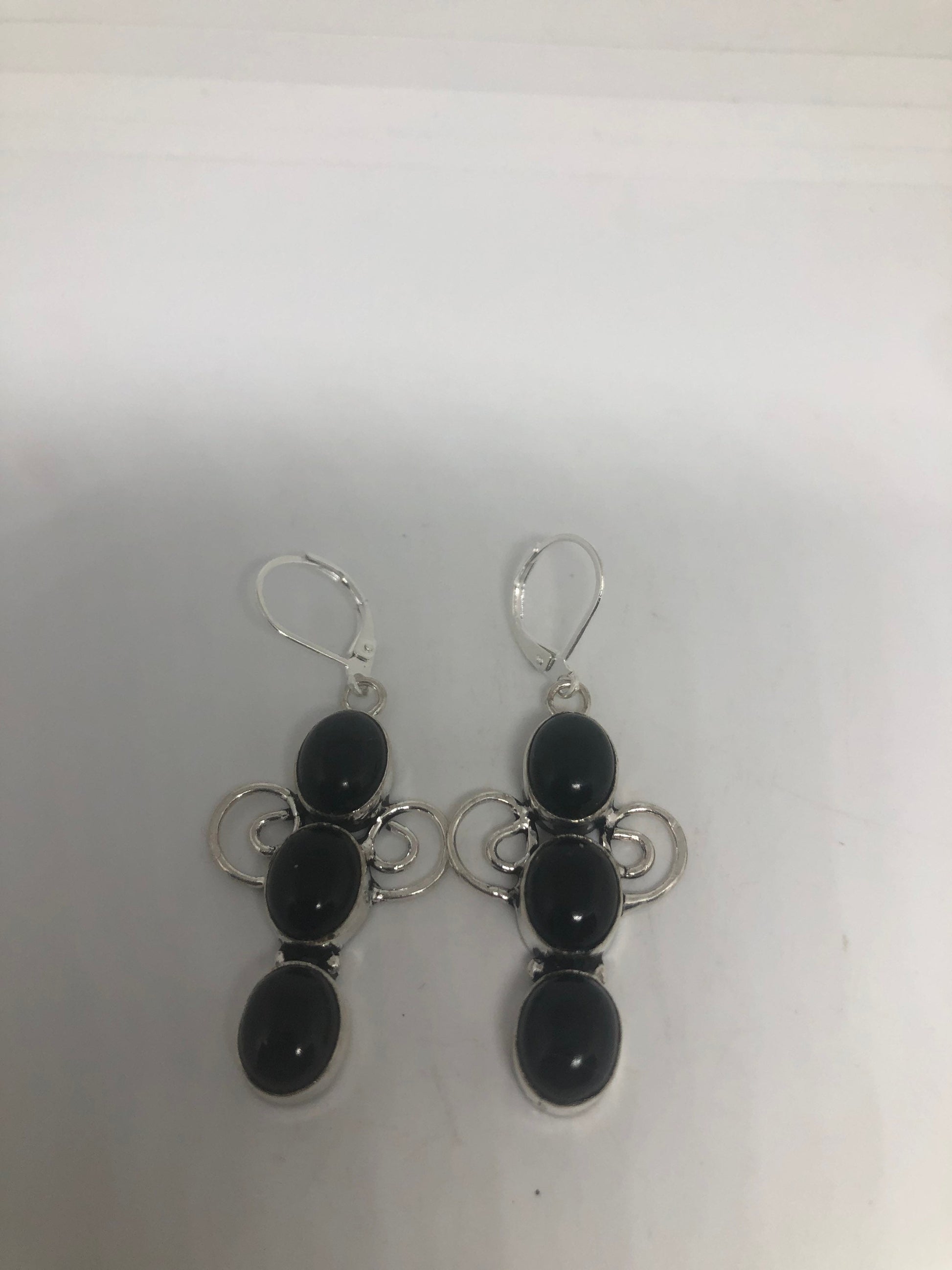 Vintage Silver Earrings | Black Onyx Gemstone | 925 Sterling Silver Antique Style Setting Deco Dangle Multistone Chandelier Earrings